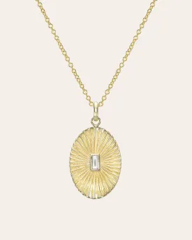 14k Gold Pleated Oval With Baguette Diamond Necklace