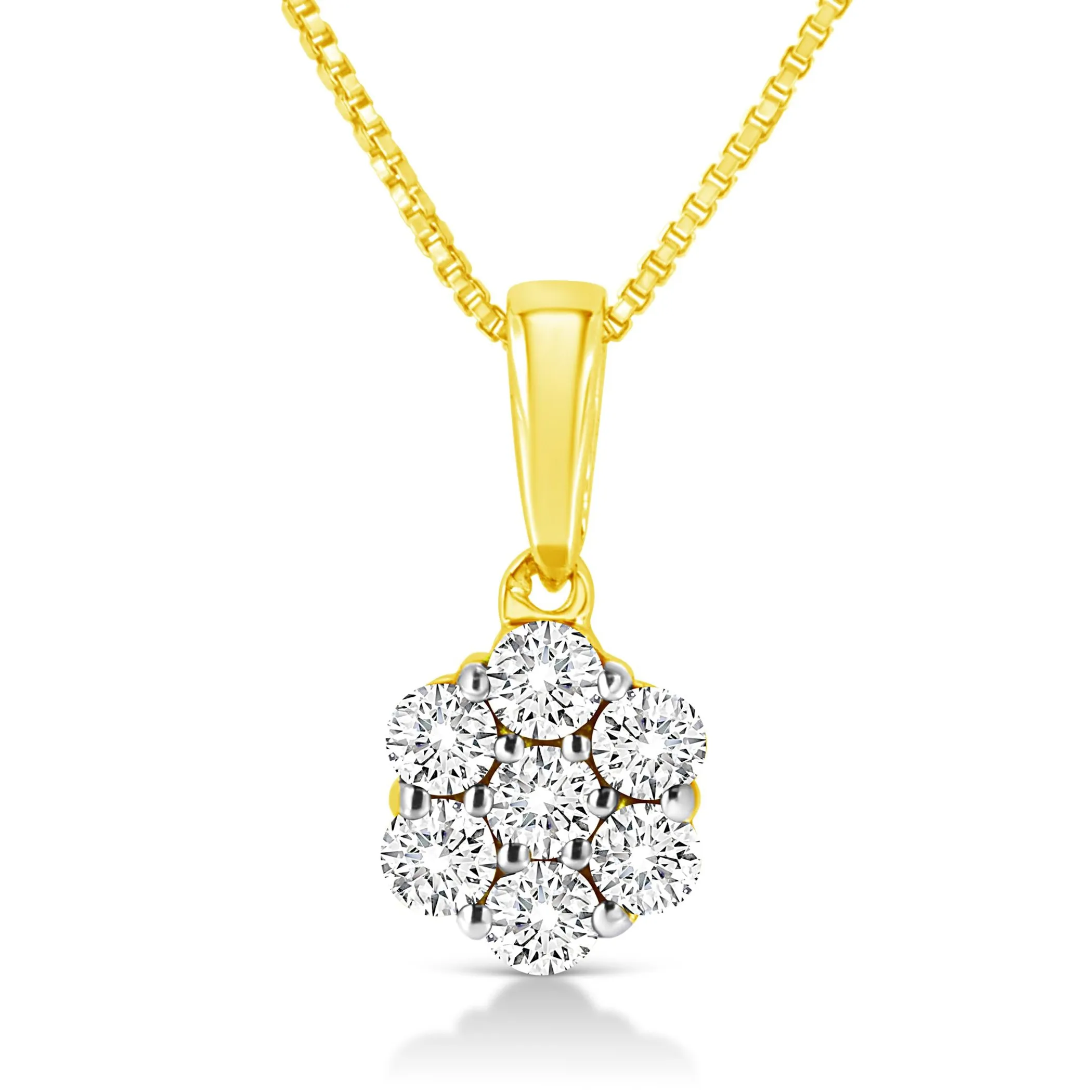 14K Yellow Gold 1/4 Cttw Prong Set Round-Cut Diamond 7 Stone Floral Cluster 18" Pendant Necklace (H-I Color, I1-I2 Clarity)