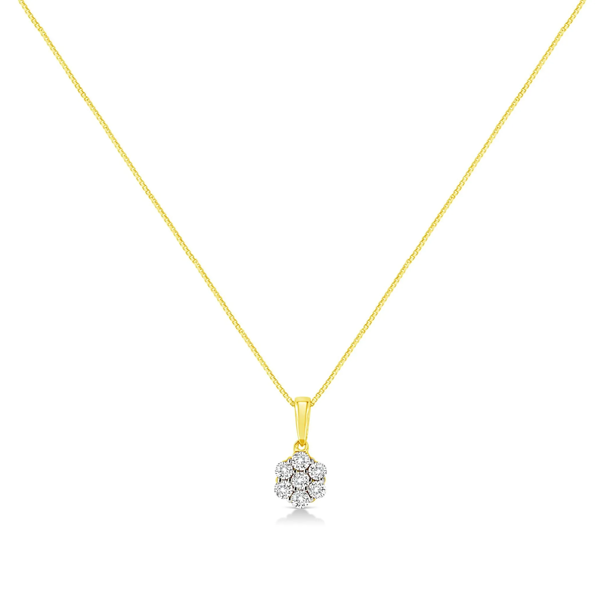 14K Yellow Gold 1/4 Cttw Prong Set Round-Cut Diamond 7 Stone Floral Cluster 18" Pendant Necklace (H-I Color, I1-I2 Clarity)