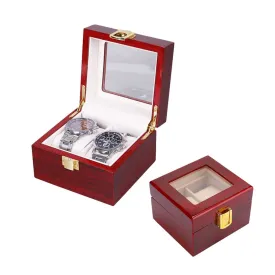 2 Slot Red Wood Watch Display Box with Glass Top