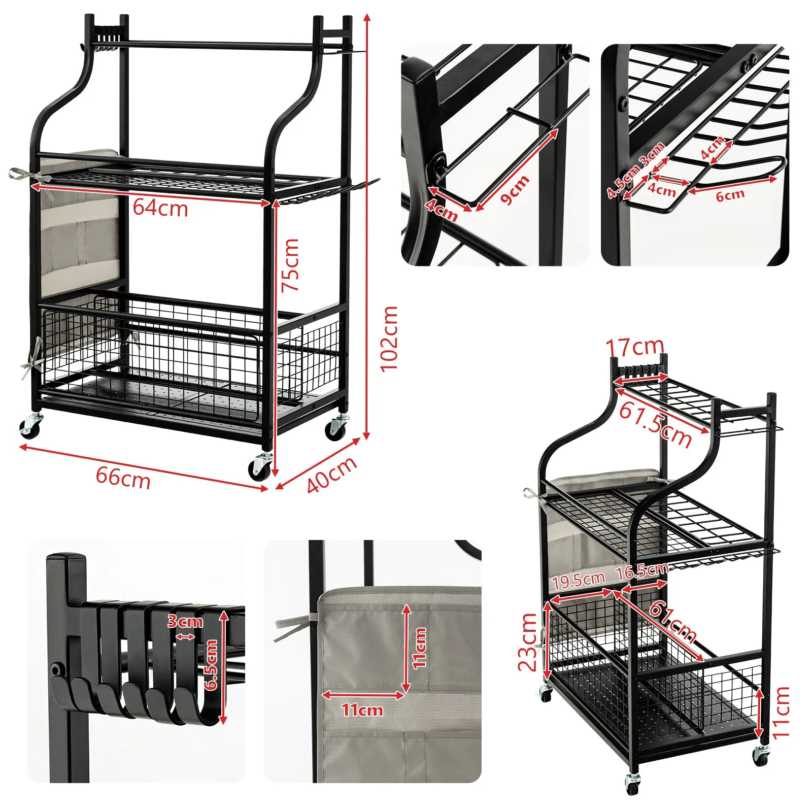 3-Tier Garden Tool Tower with Lockable Wheels Hooks and Side Pocket