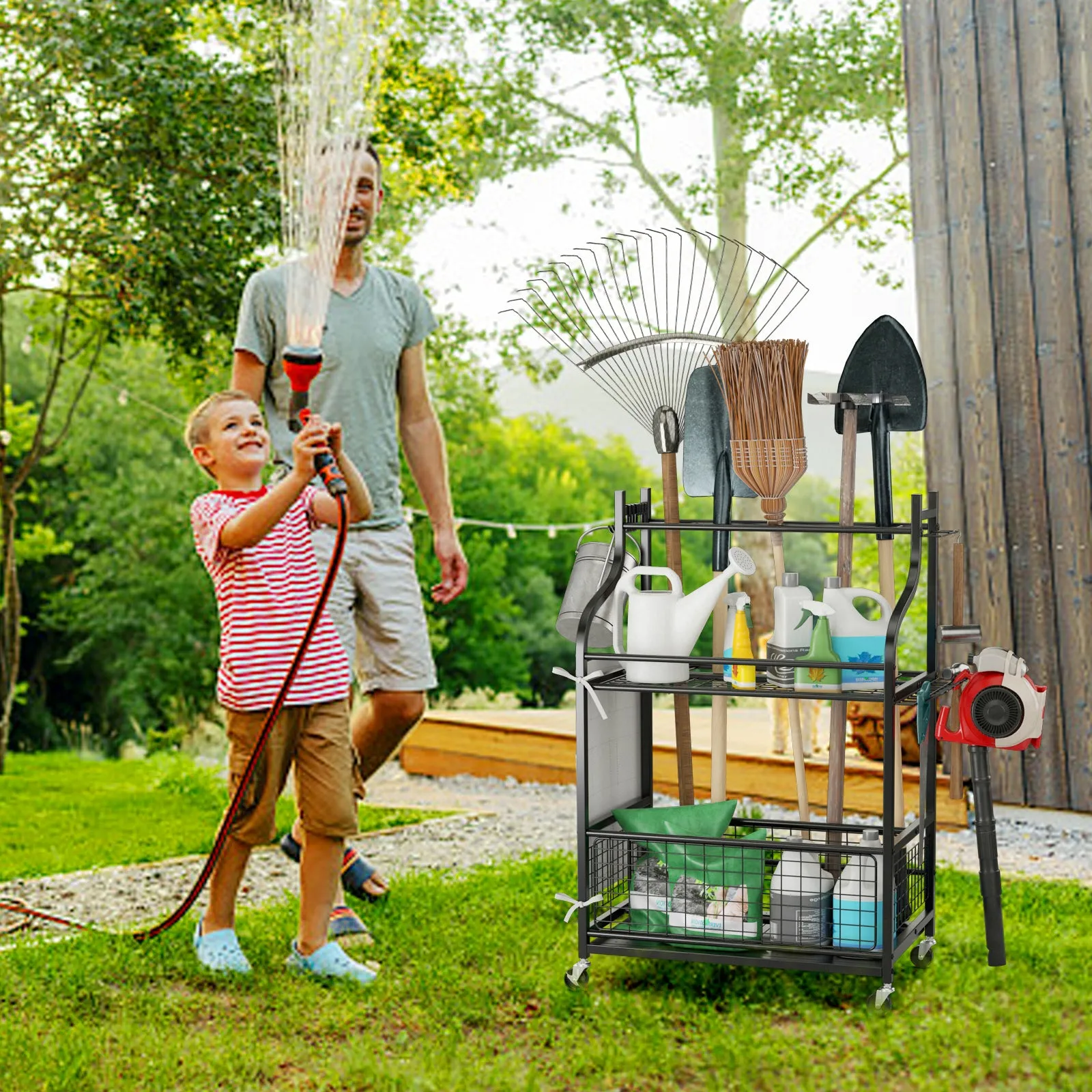 3-Tier Garden Tool Tower with Lockable Wheels Hooks and Side Pocket