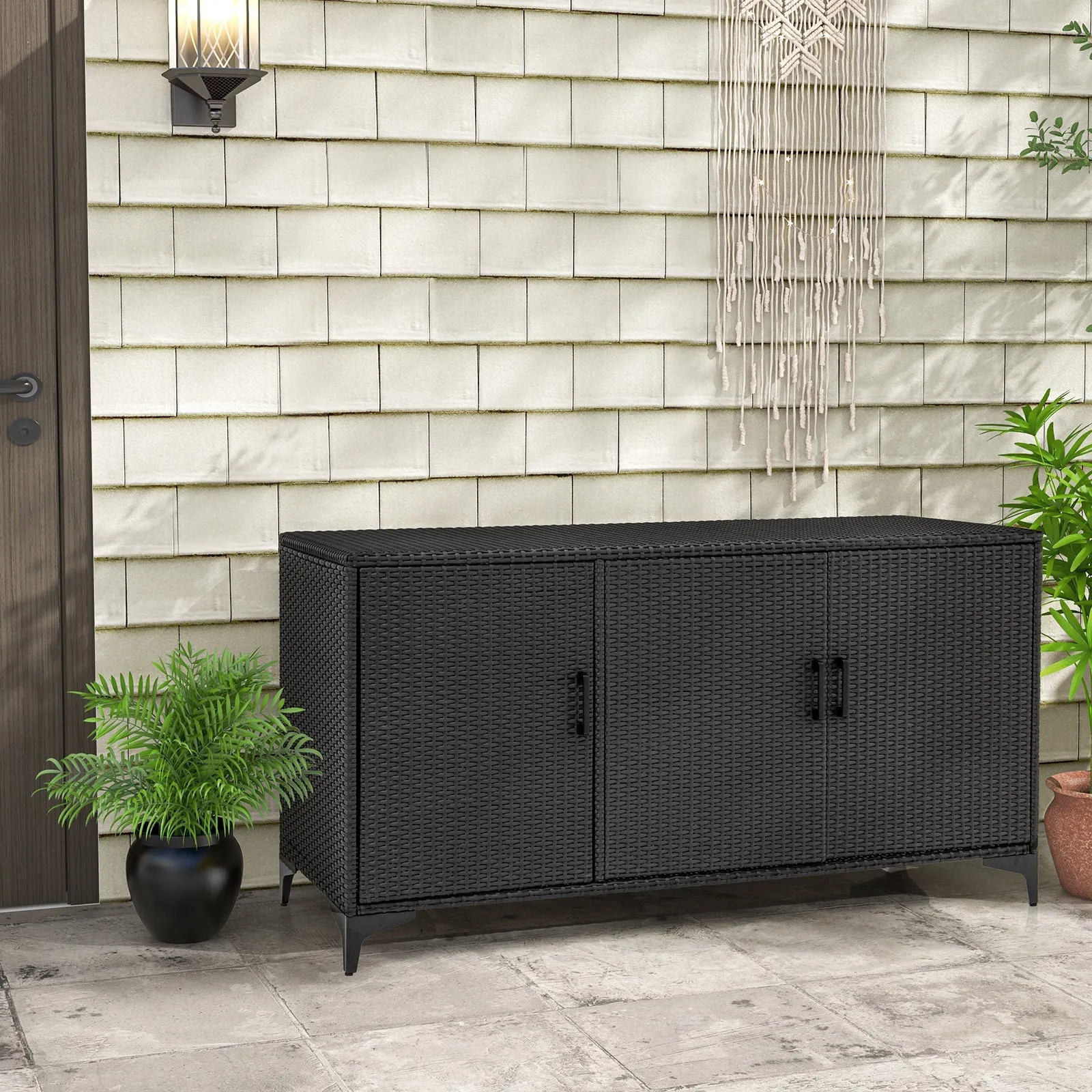 318 L Patio Wicker Storage Cabinet Deck Box with Removable Shelves-Black