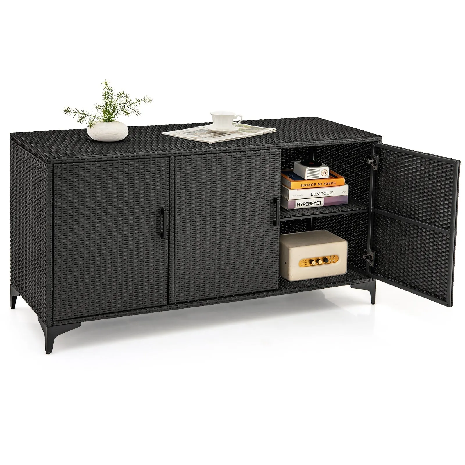 318 L Patio Wicker Storage Cabinet Deck Box with Removable Shelves-Black