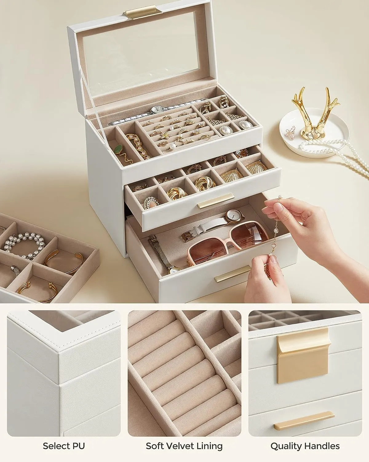 4-Layer Jewelry Box with Glass Lid, 3 Drawers, MDF, PU - SONGMICS