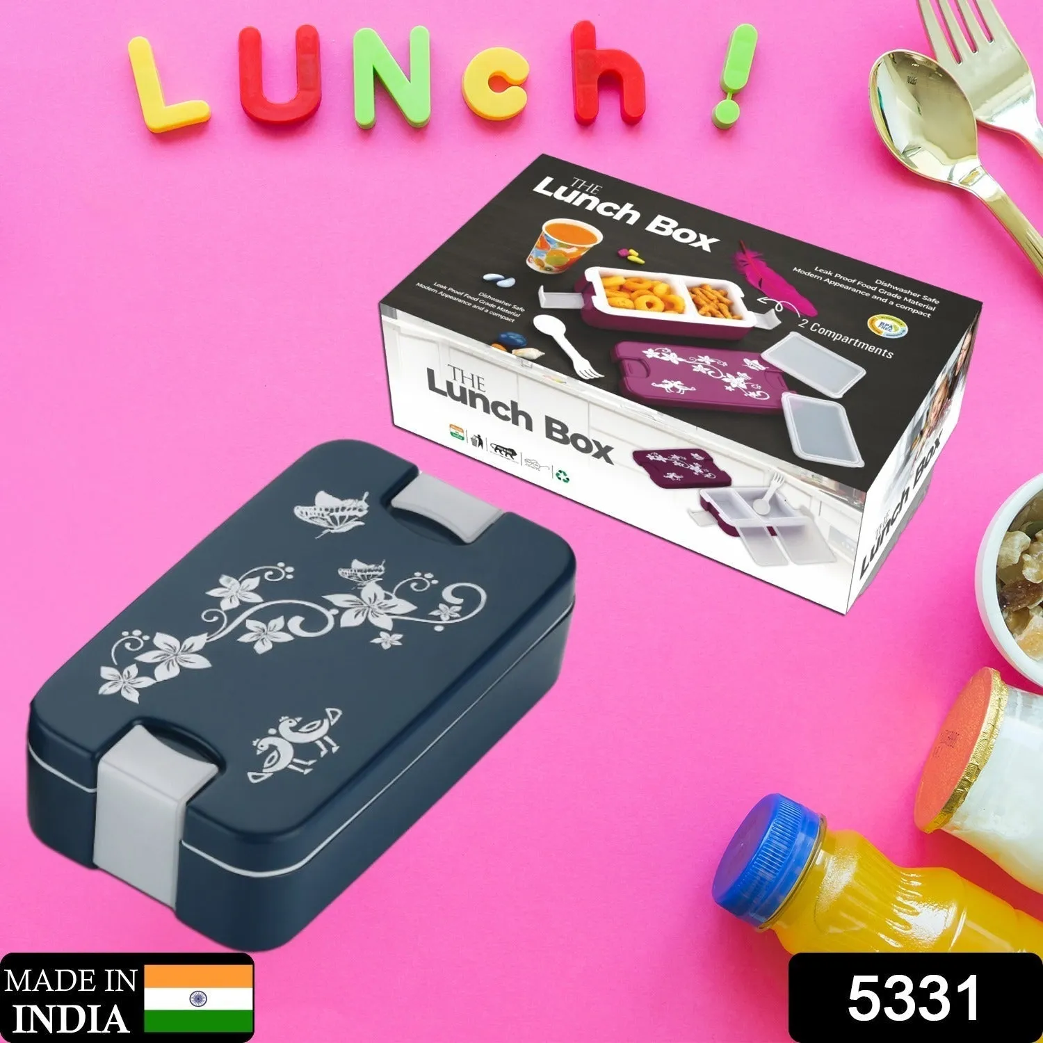 5331 Airtight Lunch Box 2 Compartment Lunch Box Leak Proof Food Grade Material Lunch Box Modern Appearance & Compact Lunch Box With Spoon