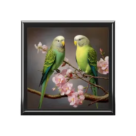 A Pair of Parakeets "Budgies" in a Flowering Cherry Tree Gift, Trinket and Jewelry Box