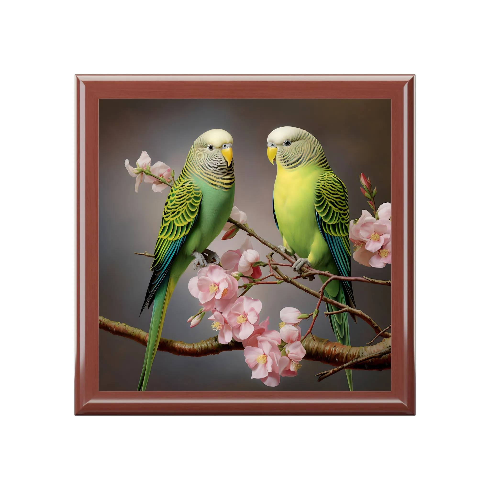 A Pair of Parakeets "Budgies" in a Flowering Cherry Tree Gift, Trinket and Jewelry Box