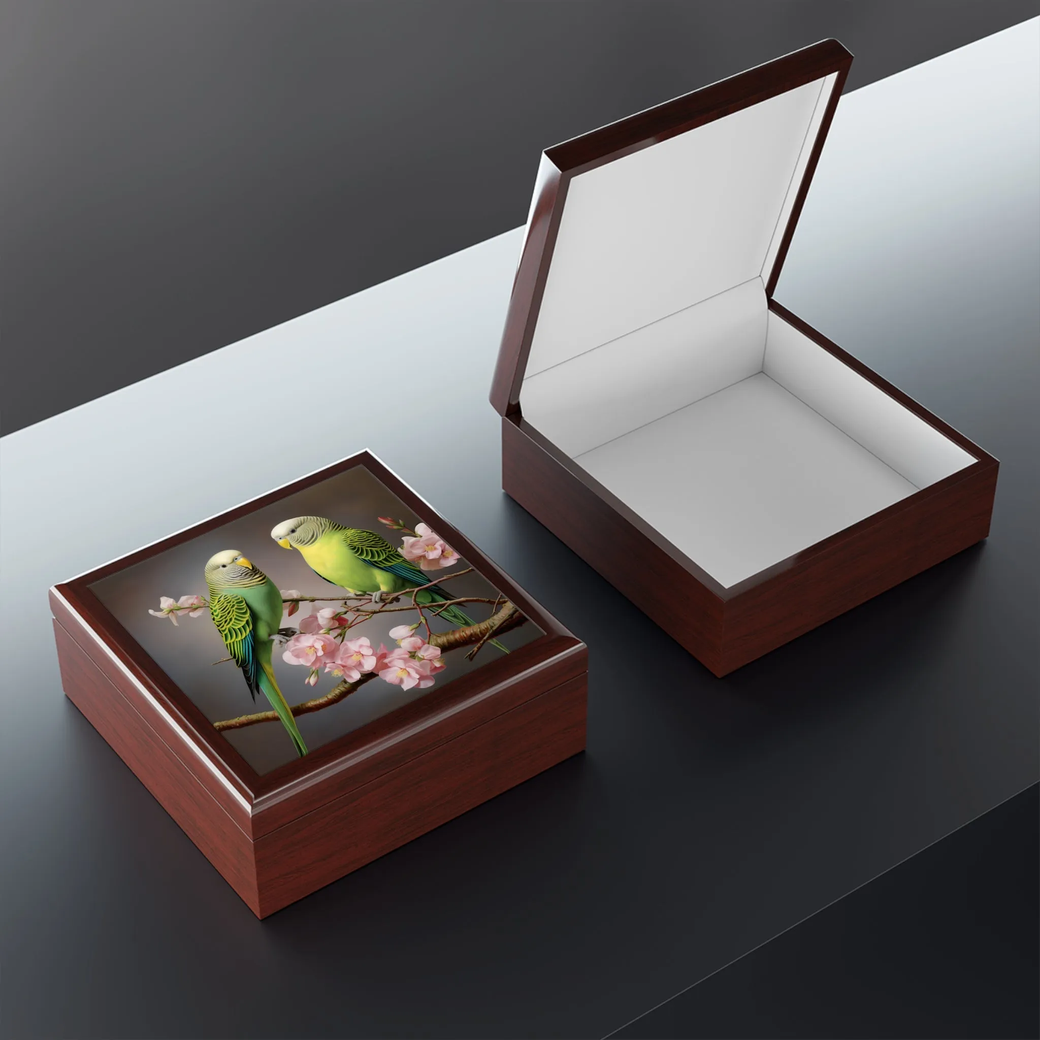 A Pair of Parakeets "Budgies" in a Flowering Cherry Tree Gift, Trinket and Jewelry Box