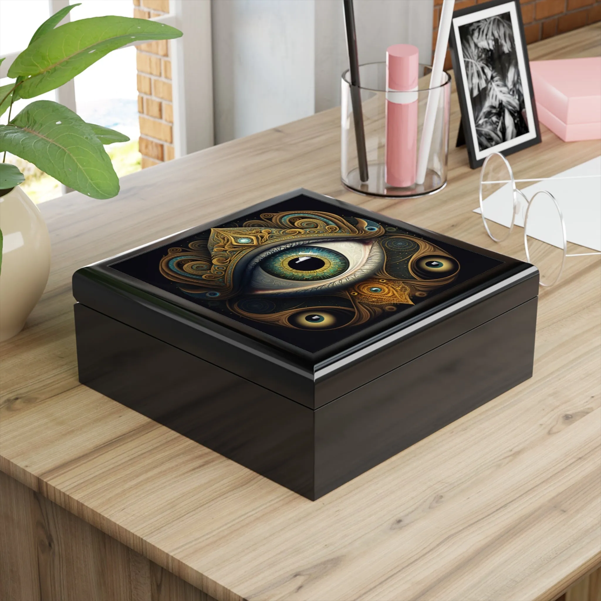 All-Seeing Third Eye Wood Keepsake Jewelry Box with Ceramic Tile Cover