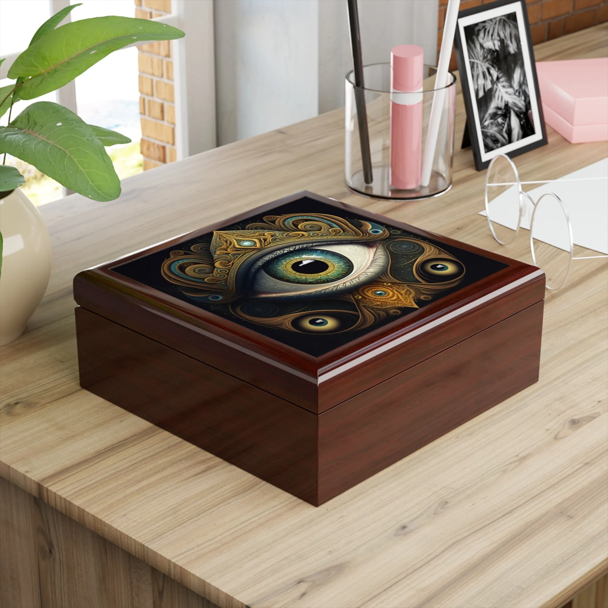 All-Seeing Third Eye Wood Keepsake Jewelry Box with Ceramic Tile Cover