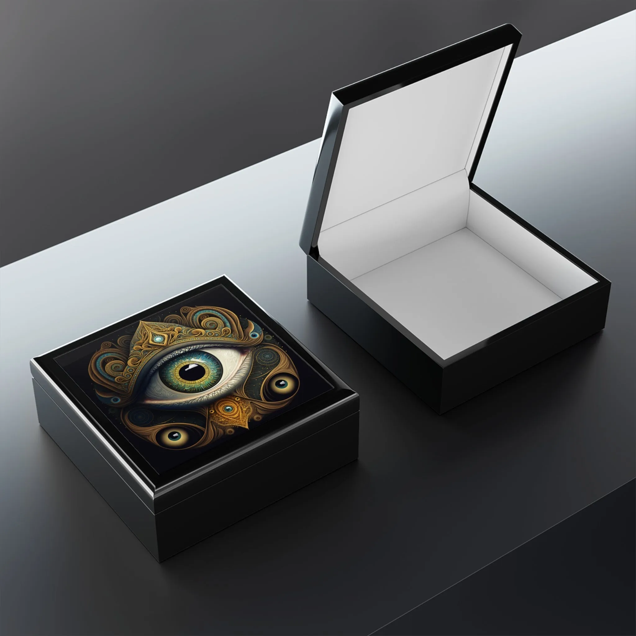 All-Seeing Third Eye Wood Keepsake Jewelry Box with Ceramic Tile Cover