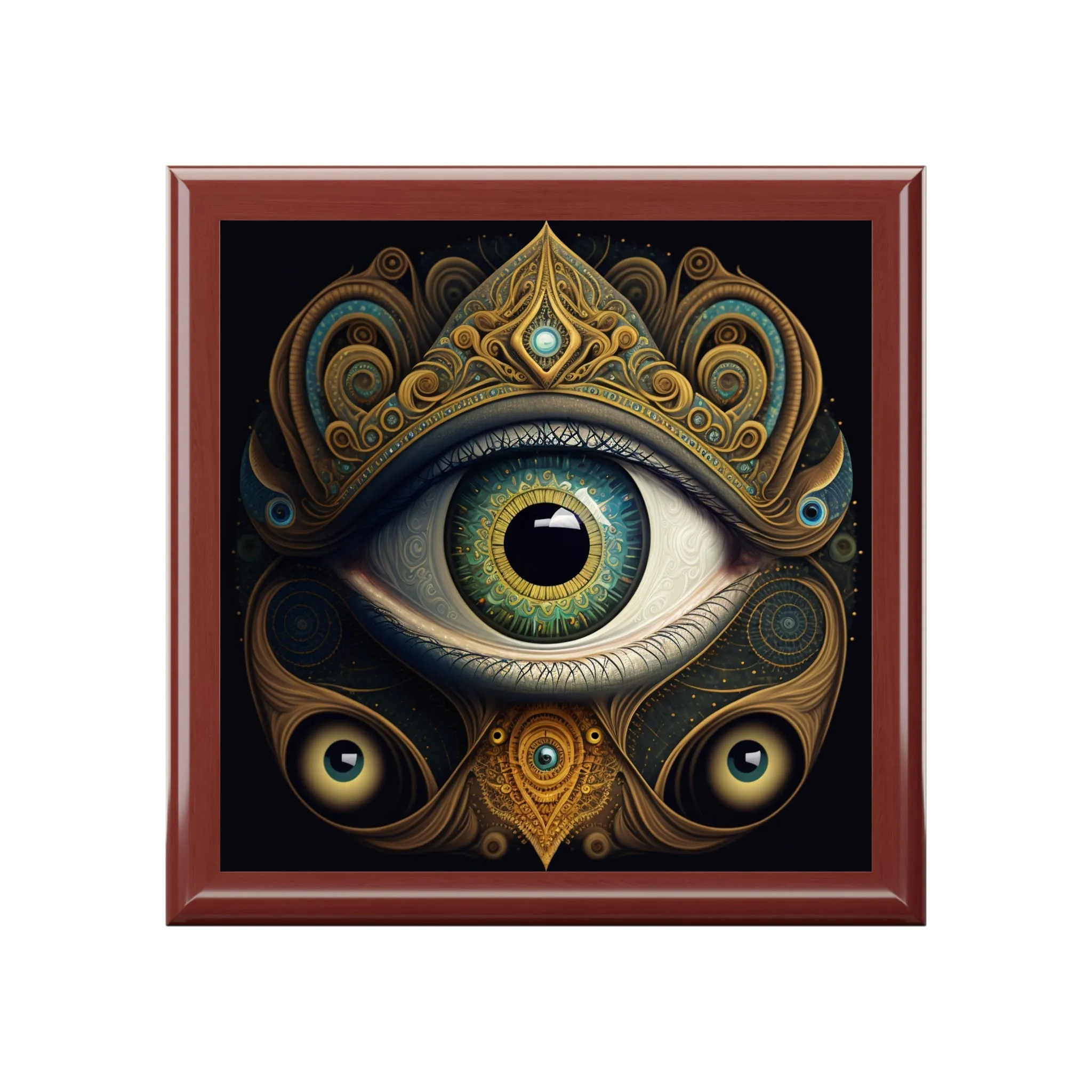 All-Seeing Third Eye Wood Keepsake Jewelry Box with Ceramic Tile Cover