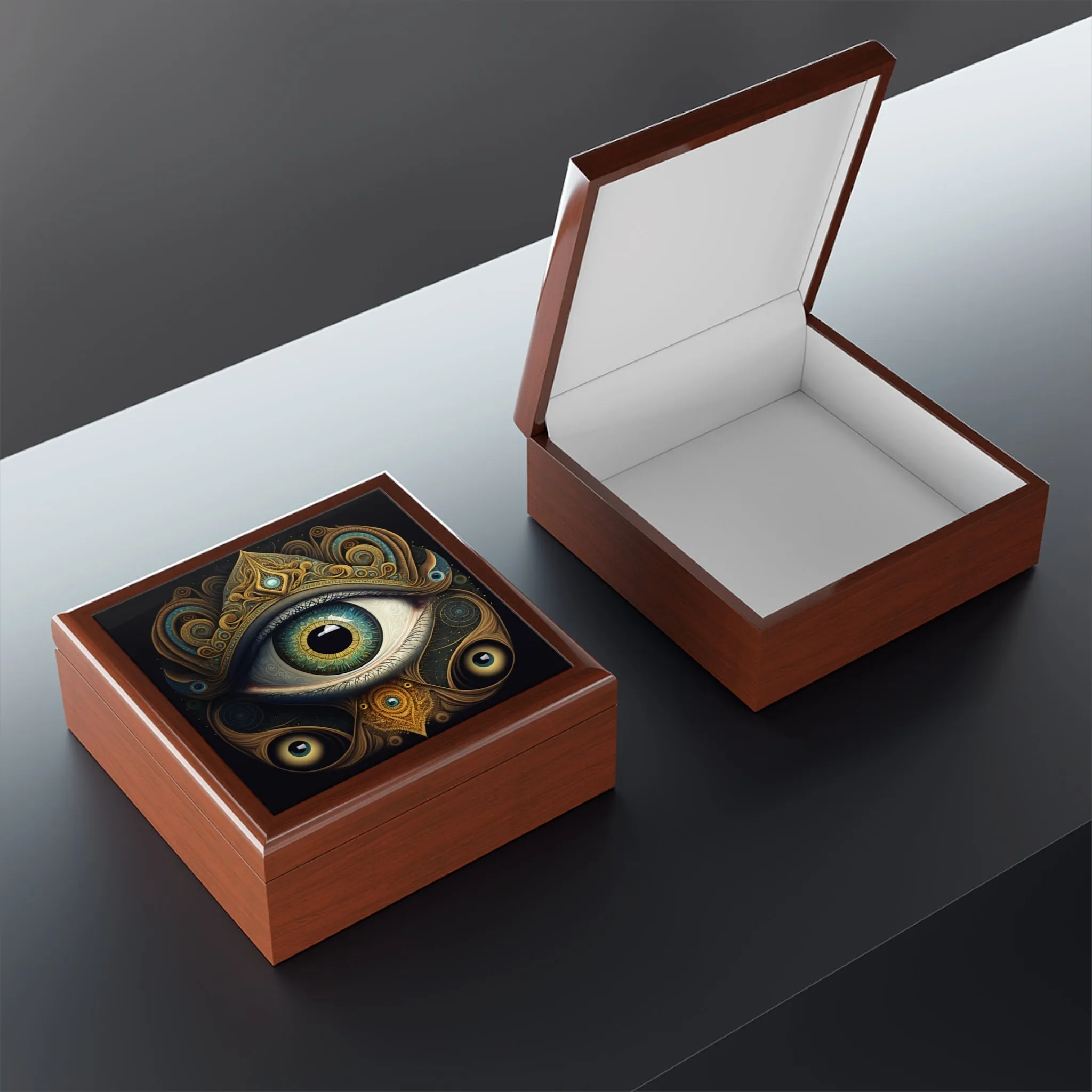 All-Seeing Third Eye Wood Keepsake Jewelry Box with Ceramic Tile Cover