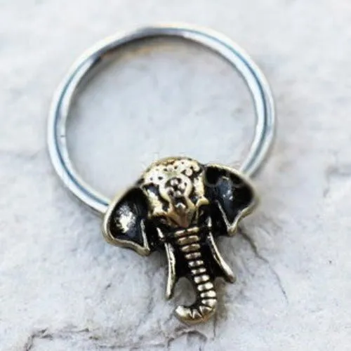 Antique Bronze Plated Elephant Captive Bead Ring - Stainless Steel Body Jewelry