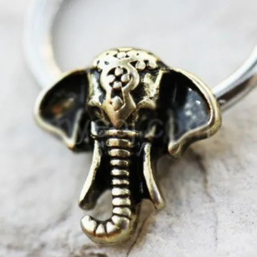 Antique Bronze Plated Elephant Captive Bead Ring - Stainless Steel Body Jewelry