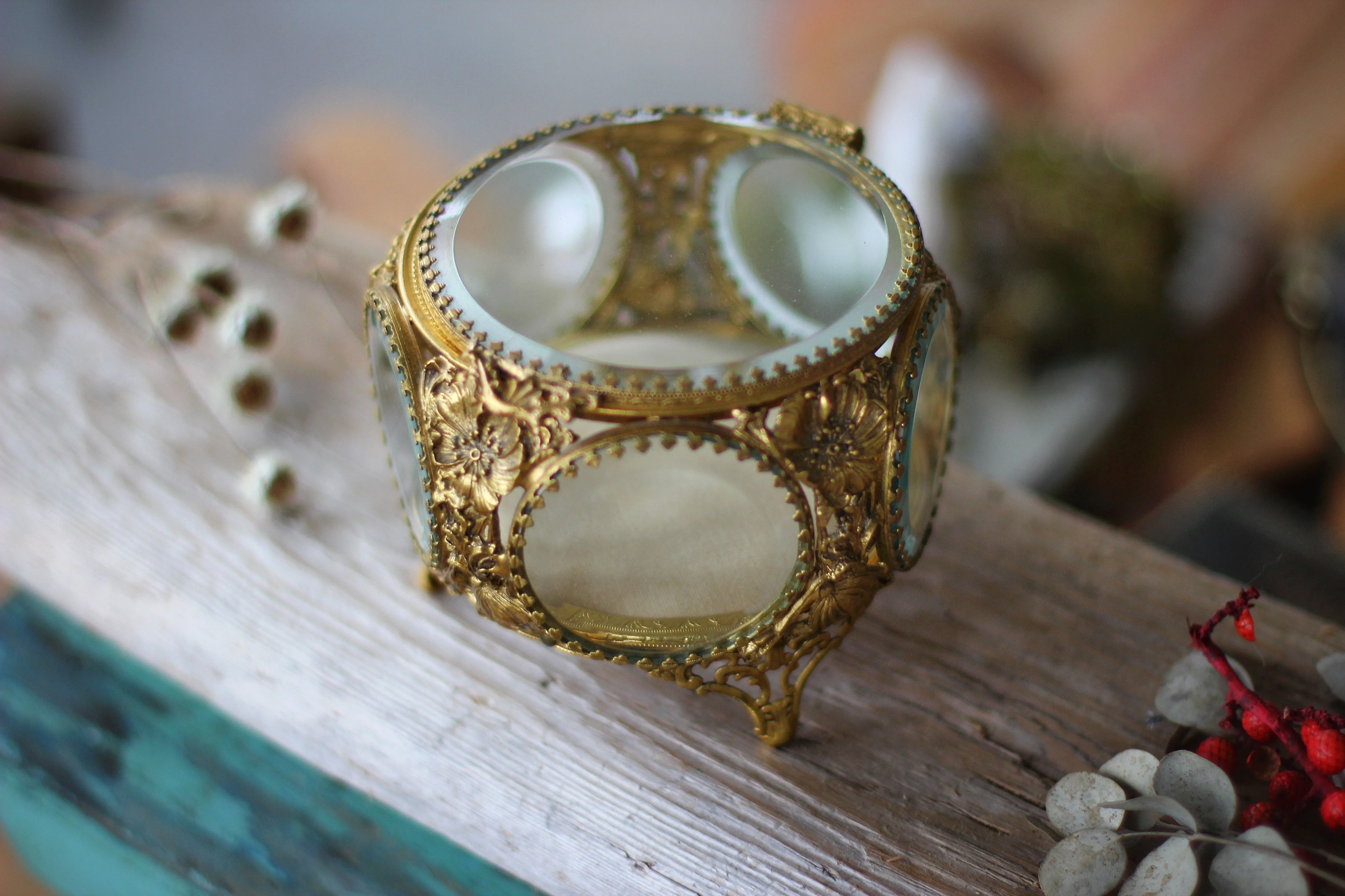 Antique Floral Bronze Filigree Jewelry Box