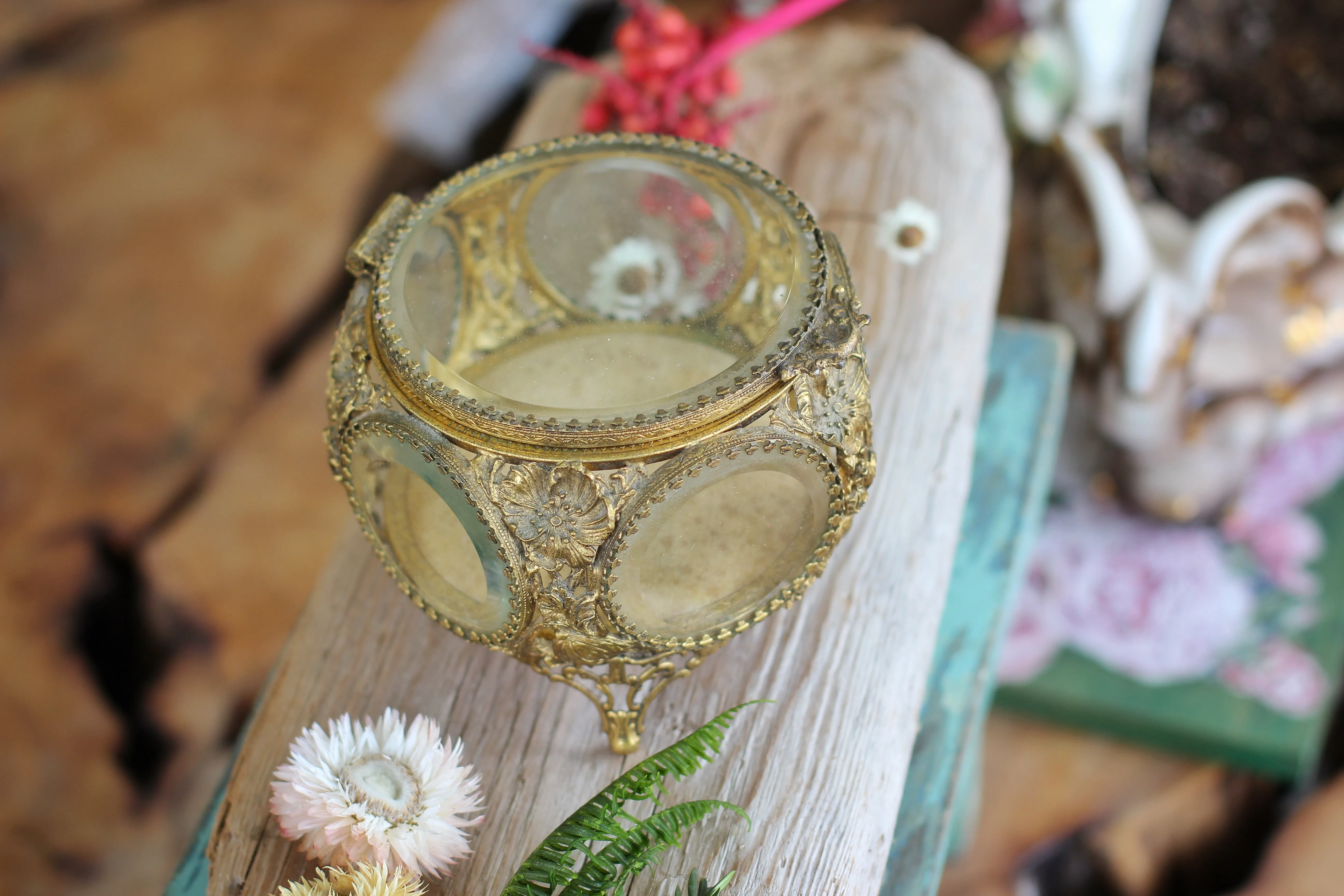 Antique Floral Dogwood Bronze Filigree Jewelry Box