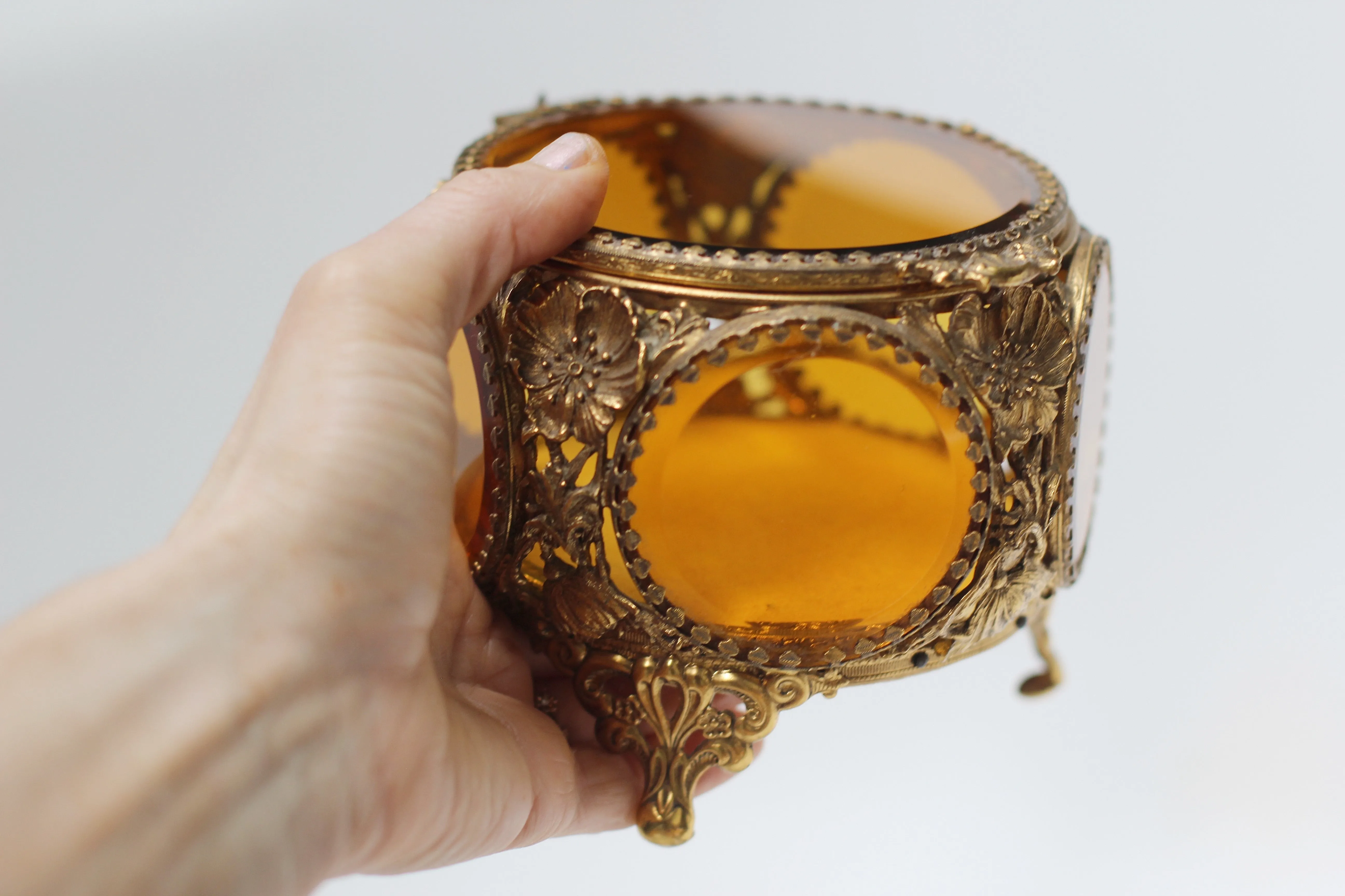 Antique Floral Filigree Amber Tinted Glass Jewelry Box