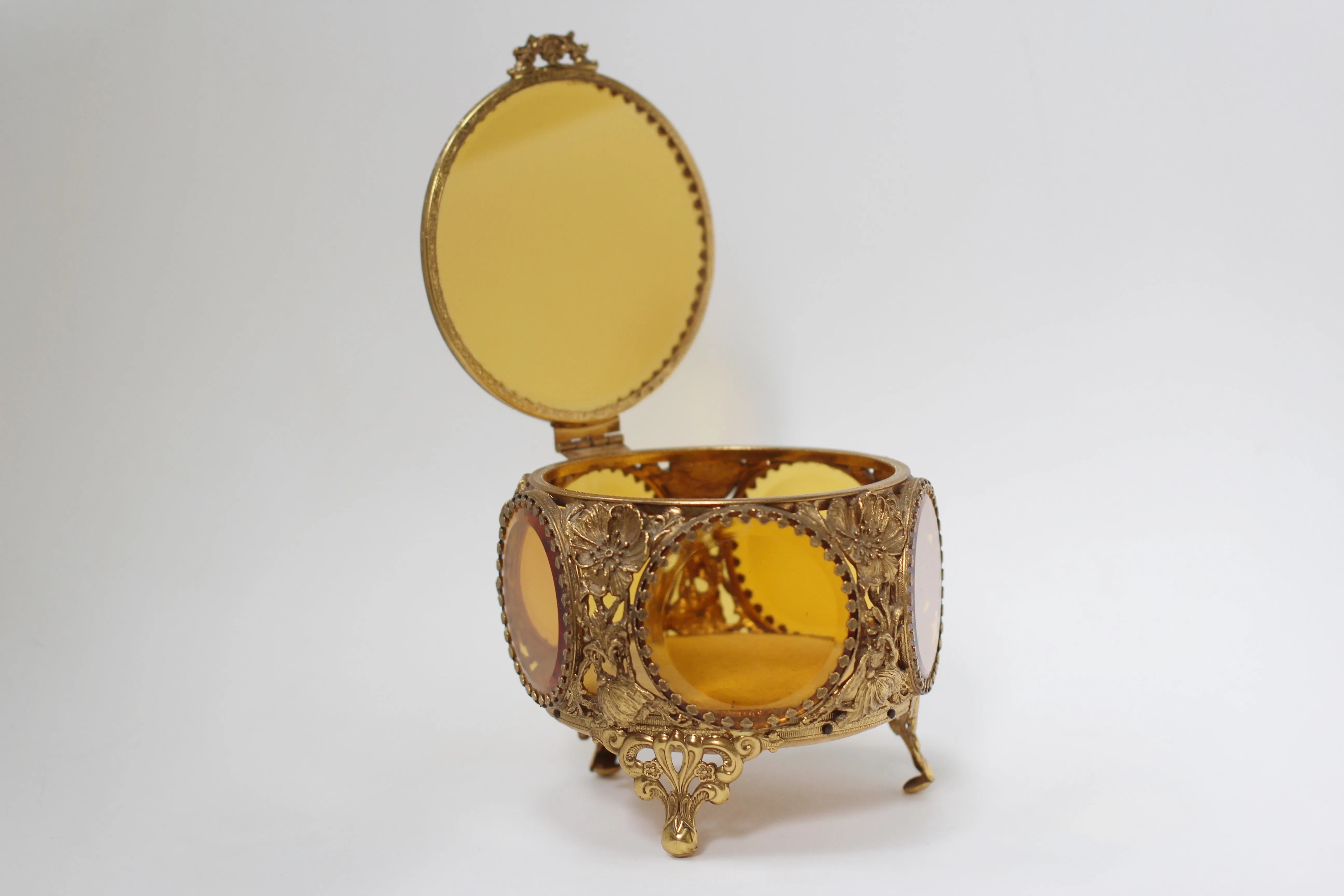 Antique Floral Filigree Amber Tinted Glass Jewelry Box