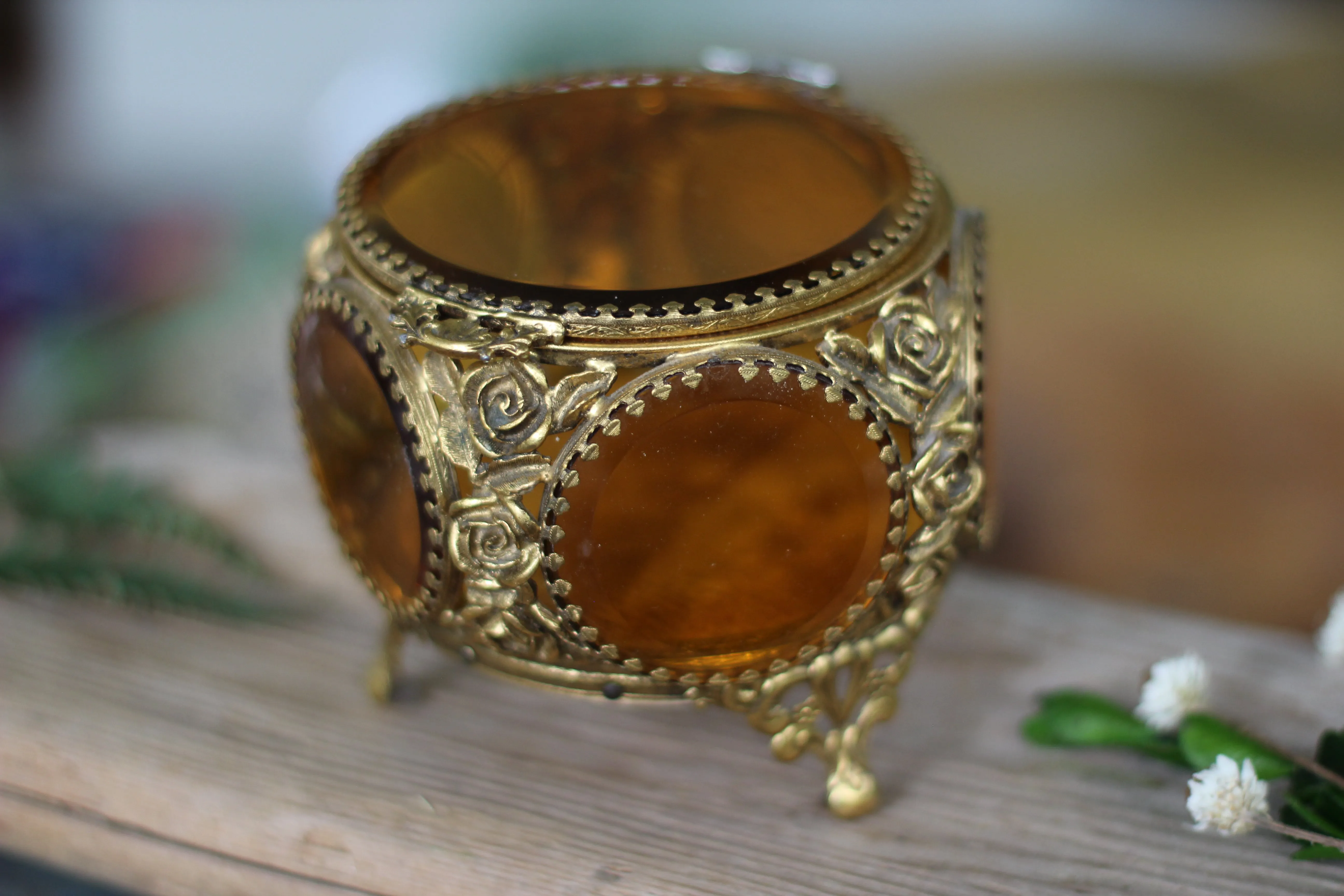 Antique Floral Filigree Roses Amber Tinted Glass Jewelry Box