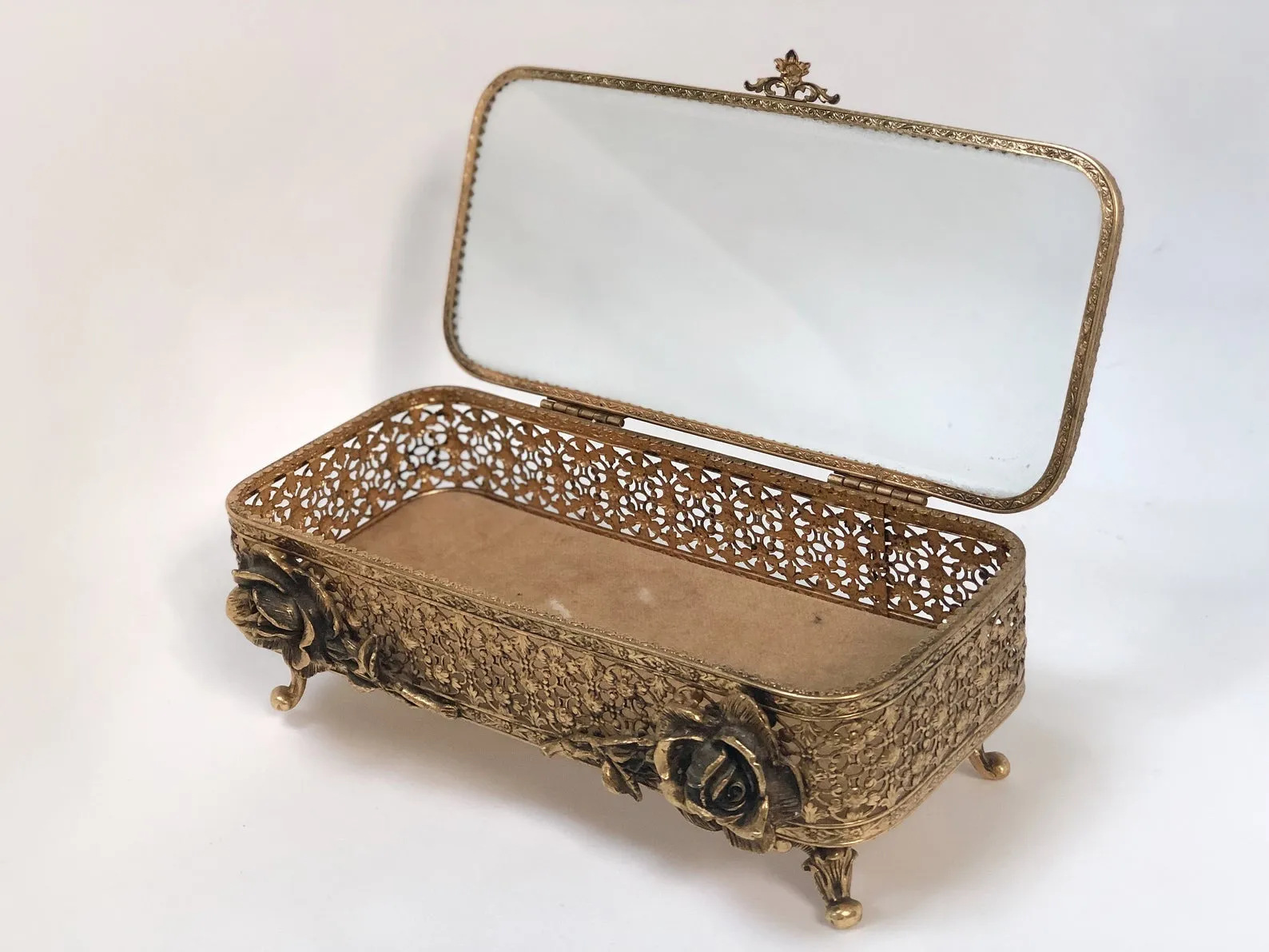 Antique Floral Rose Ormolu Bronze Filigree Jewelry Box