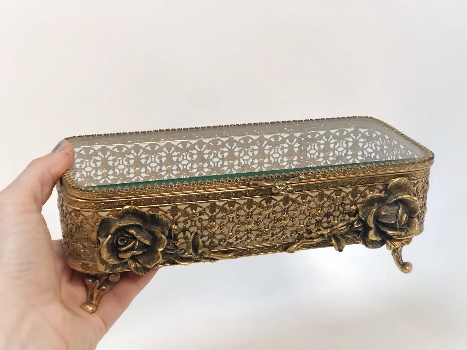 Antique Floral Rose Ormolu Bronze Filigree Jewelry Box