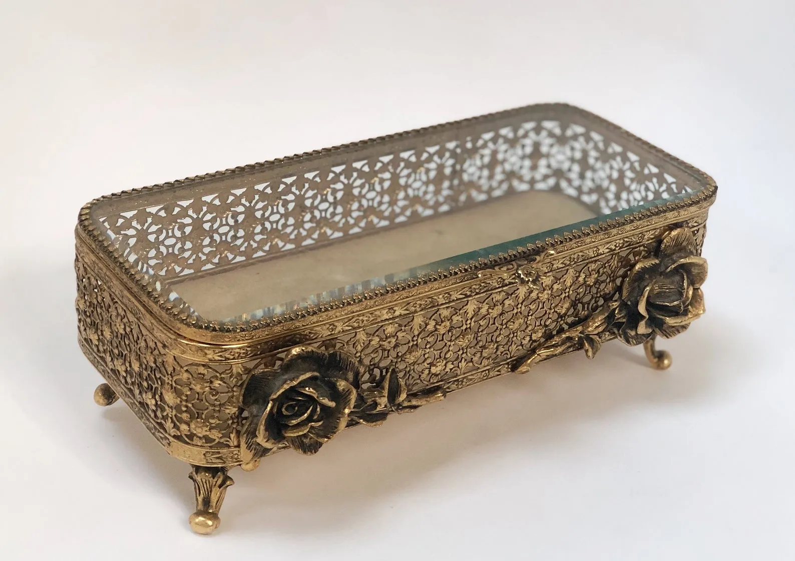 Antique Floral Rose Ormolu Bronze Filigree Jewelry Box