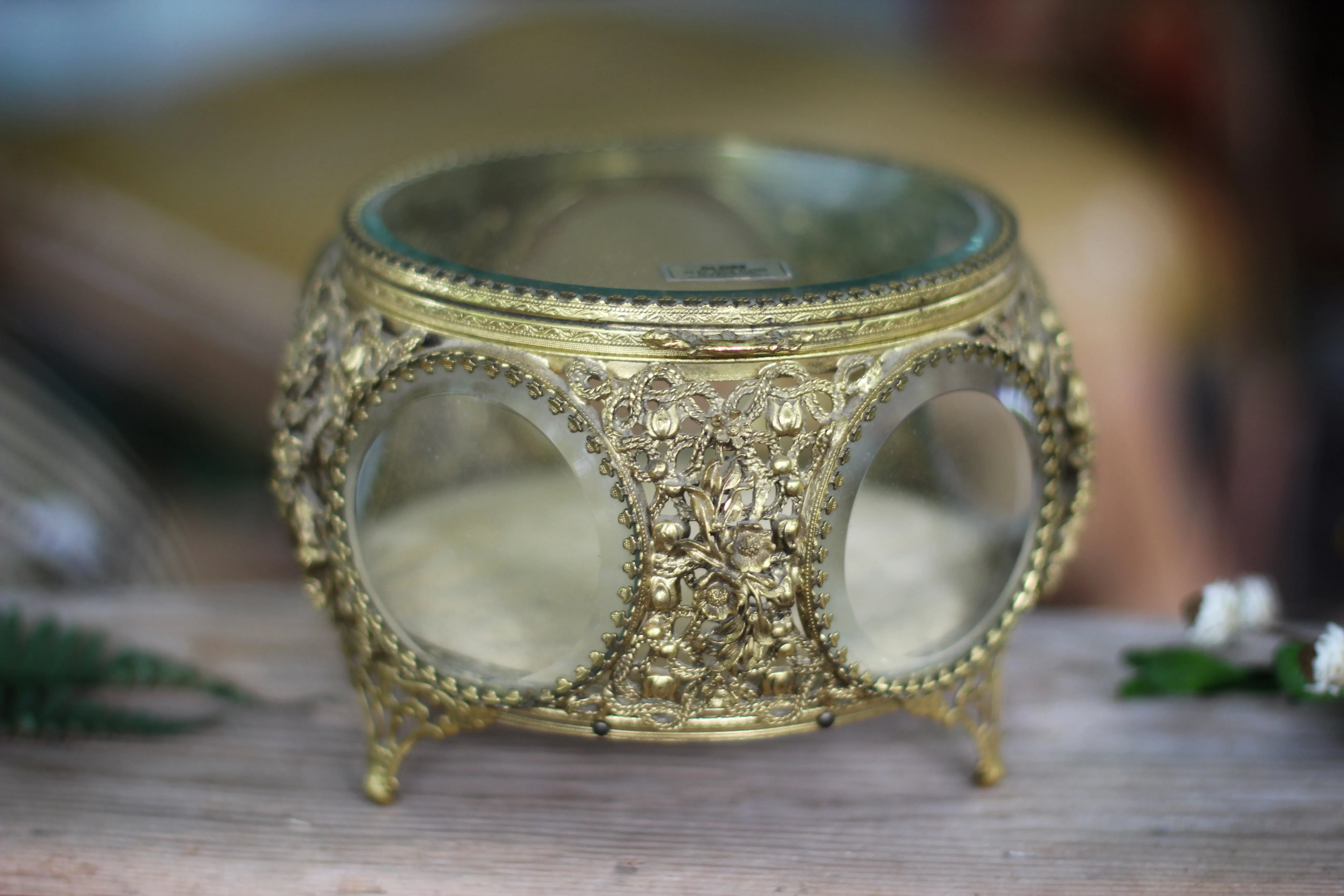 Antique Floral Rounded Glass Bronze Filigree Jewelry Box