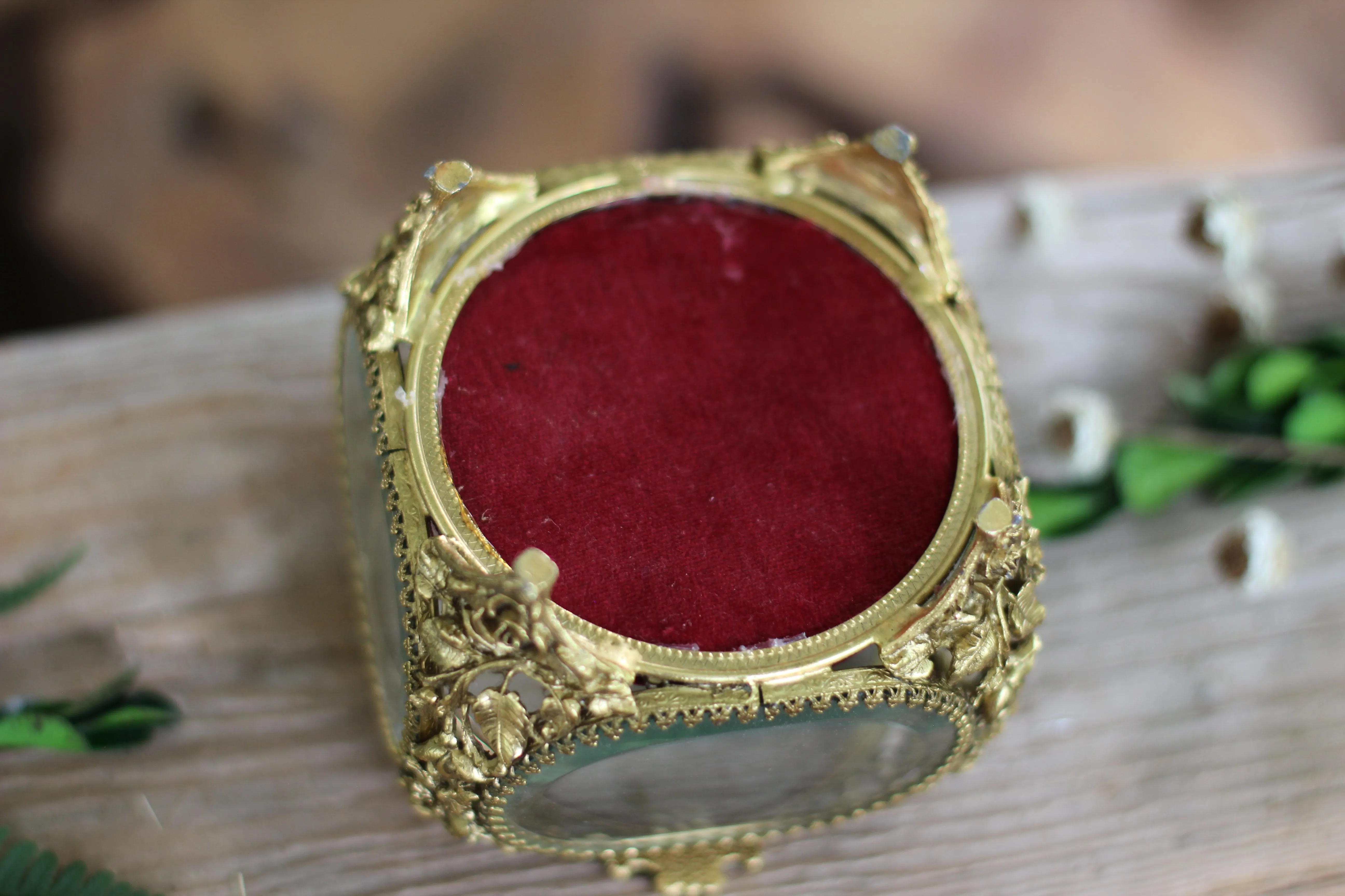 Antique Floral Rounded Glass Bronze Filigree Jewelry Box