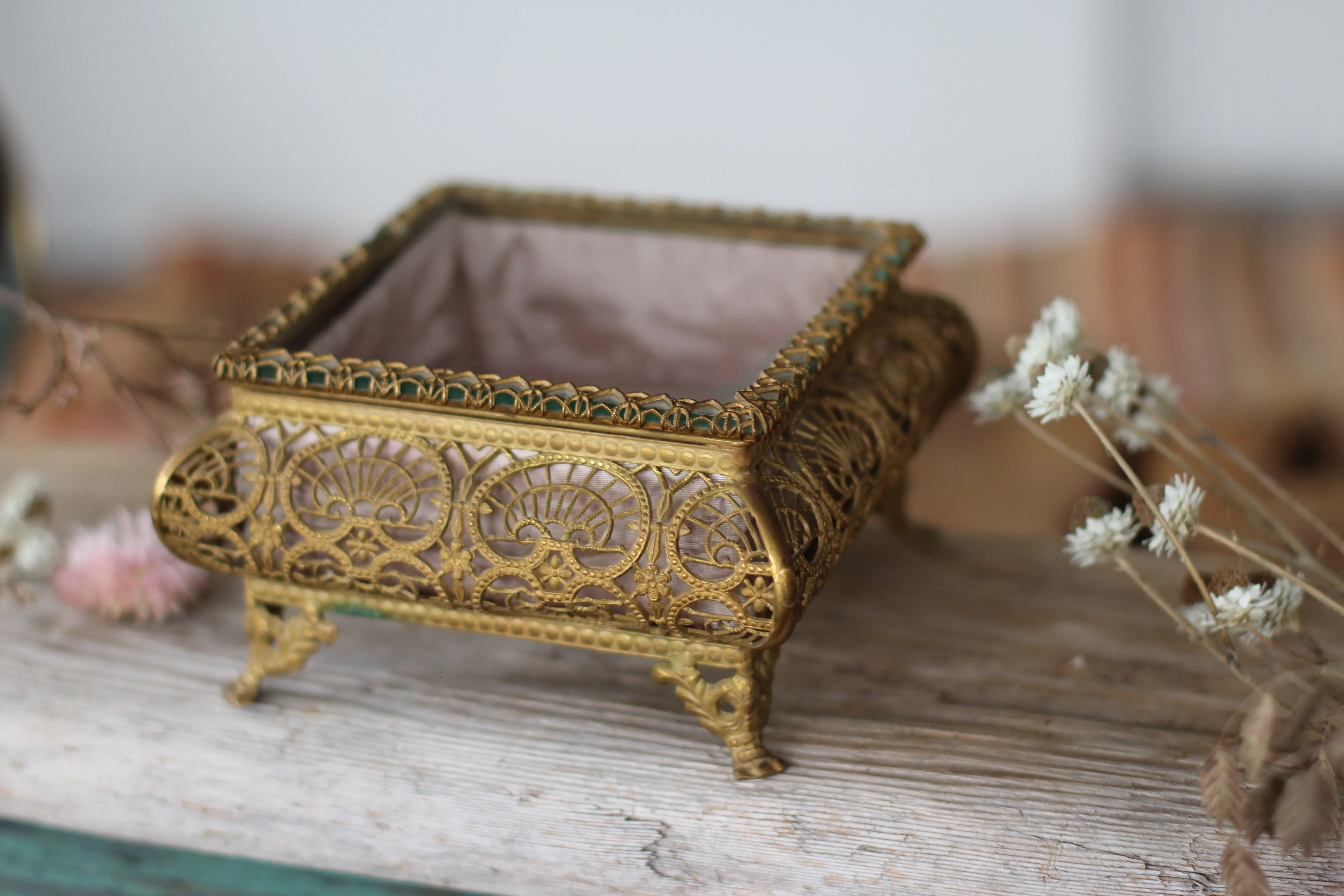 Antique French Filigree Pink Satin Jewelry Box