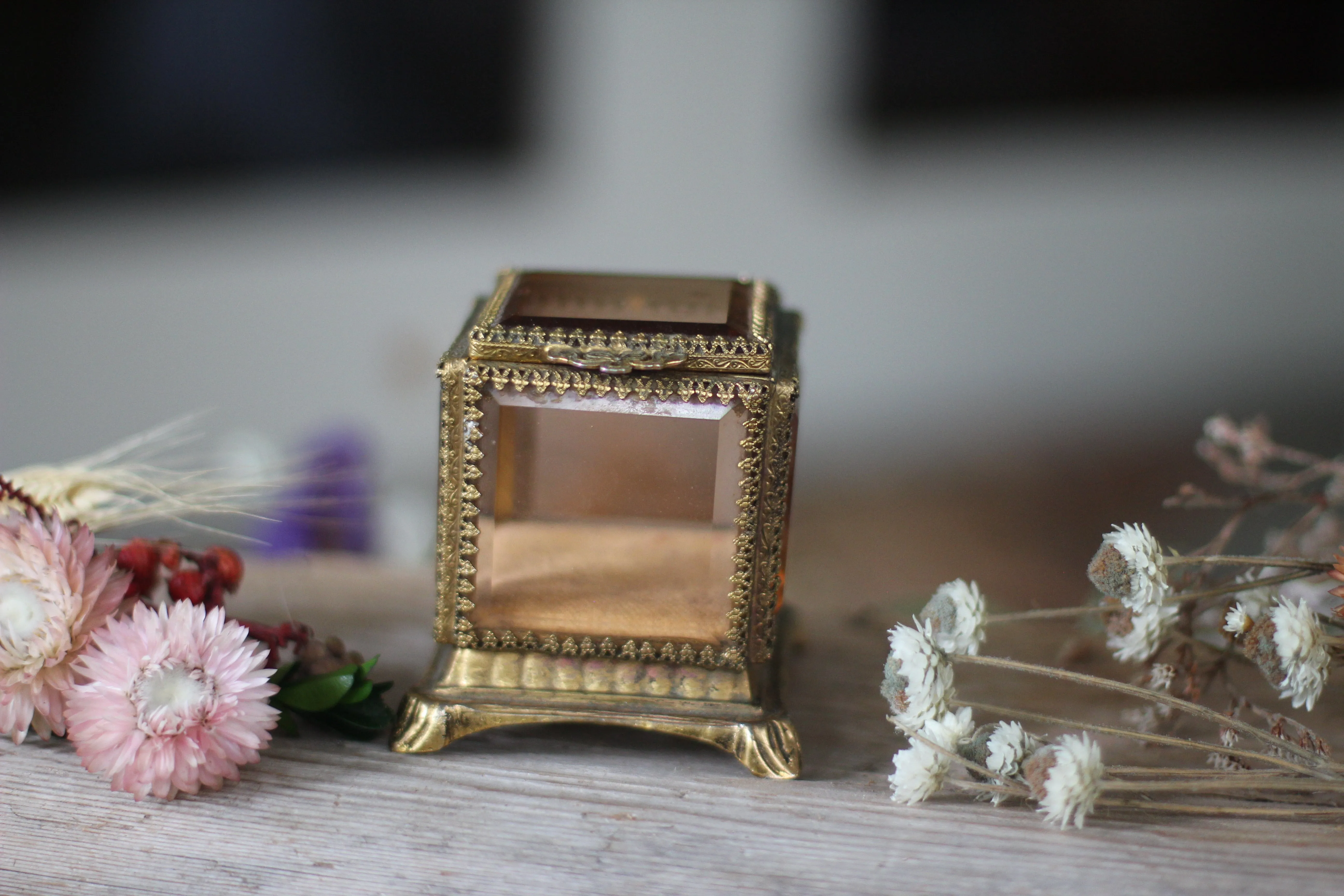 Antique French Victorian Amber Glass Jewelry Box