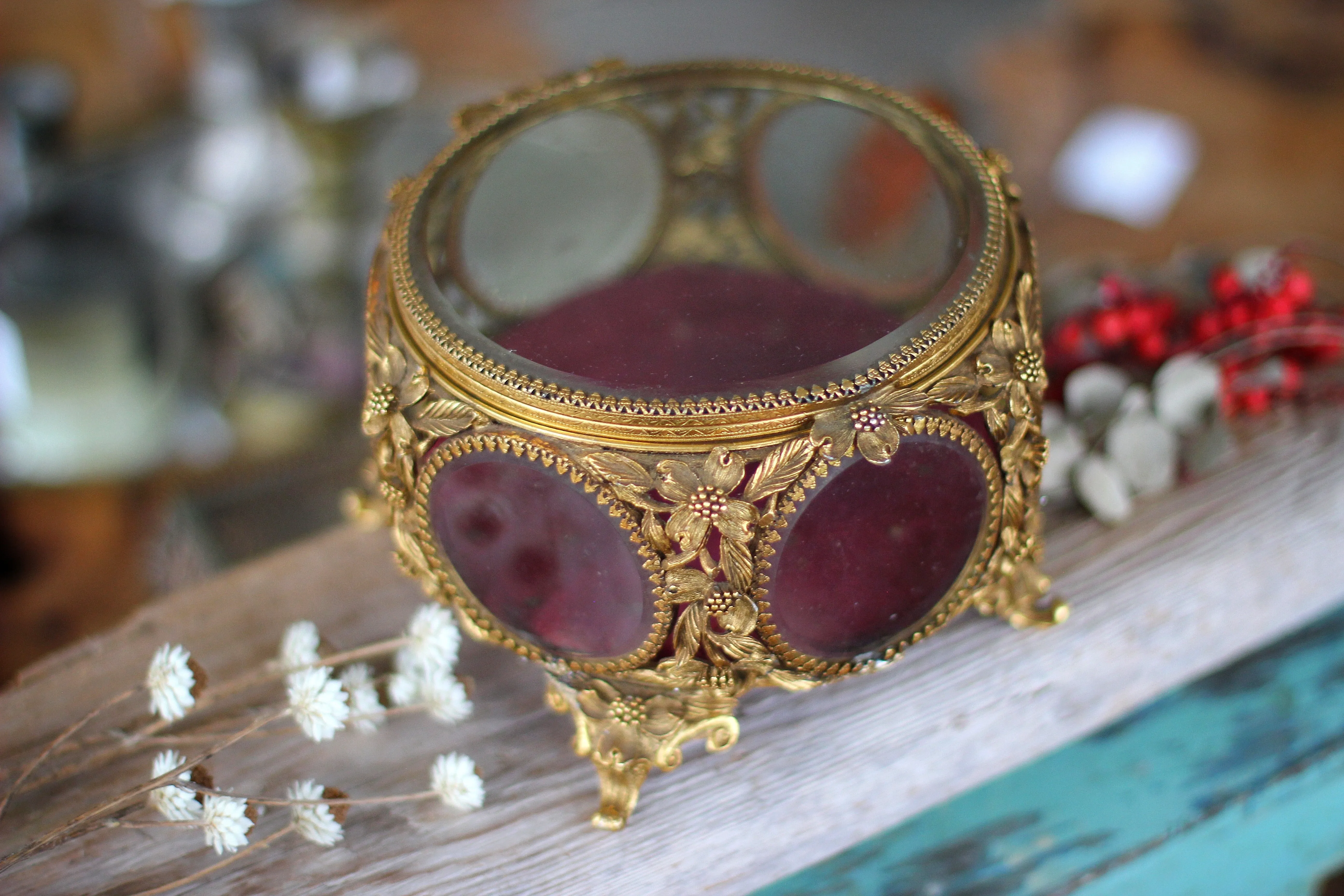 Antique Matson Dogwood Red Velvet Jewelry Box