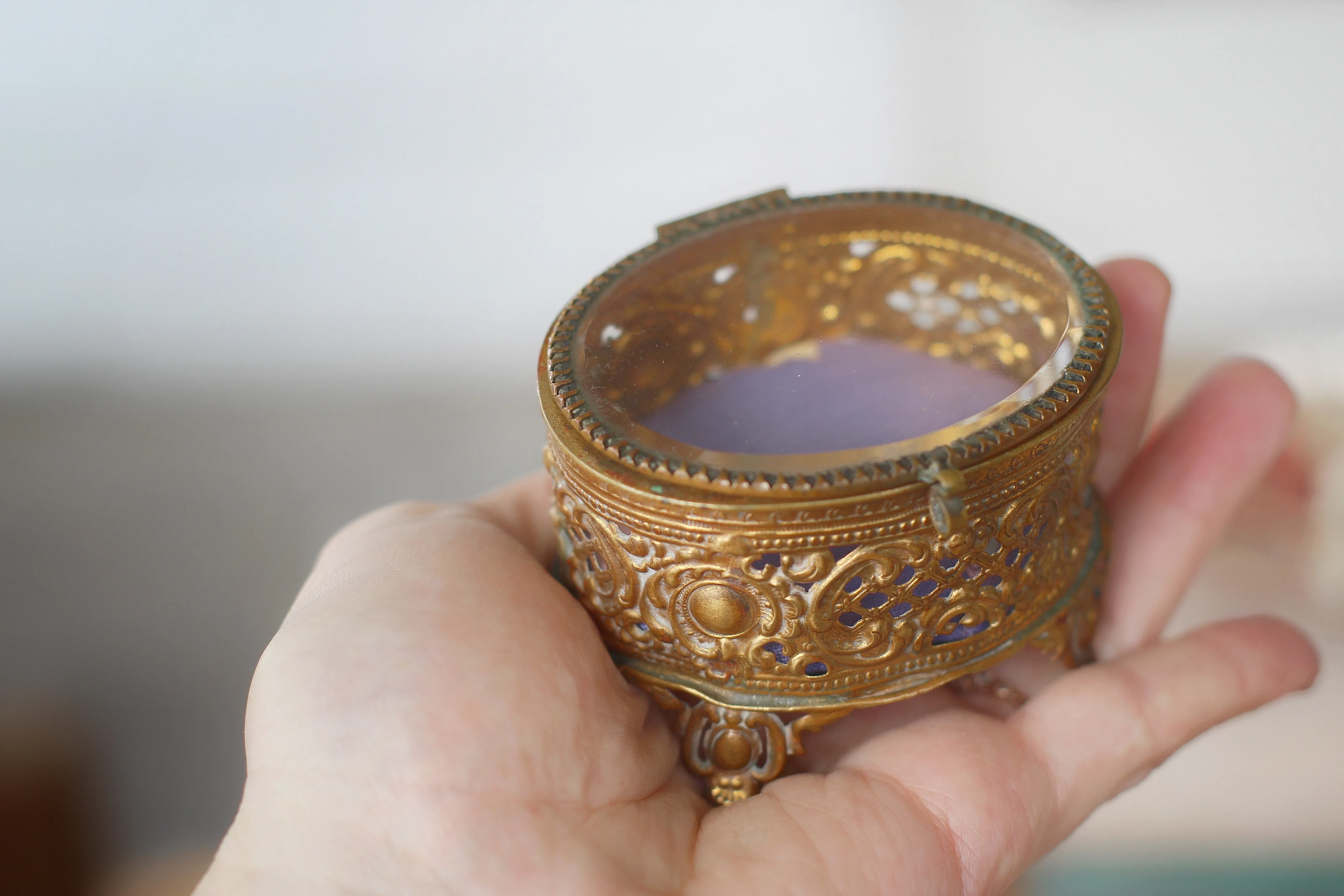 Antique Miniature Bronze Purple Paddjng Jewelry Box