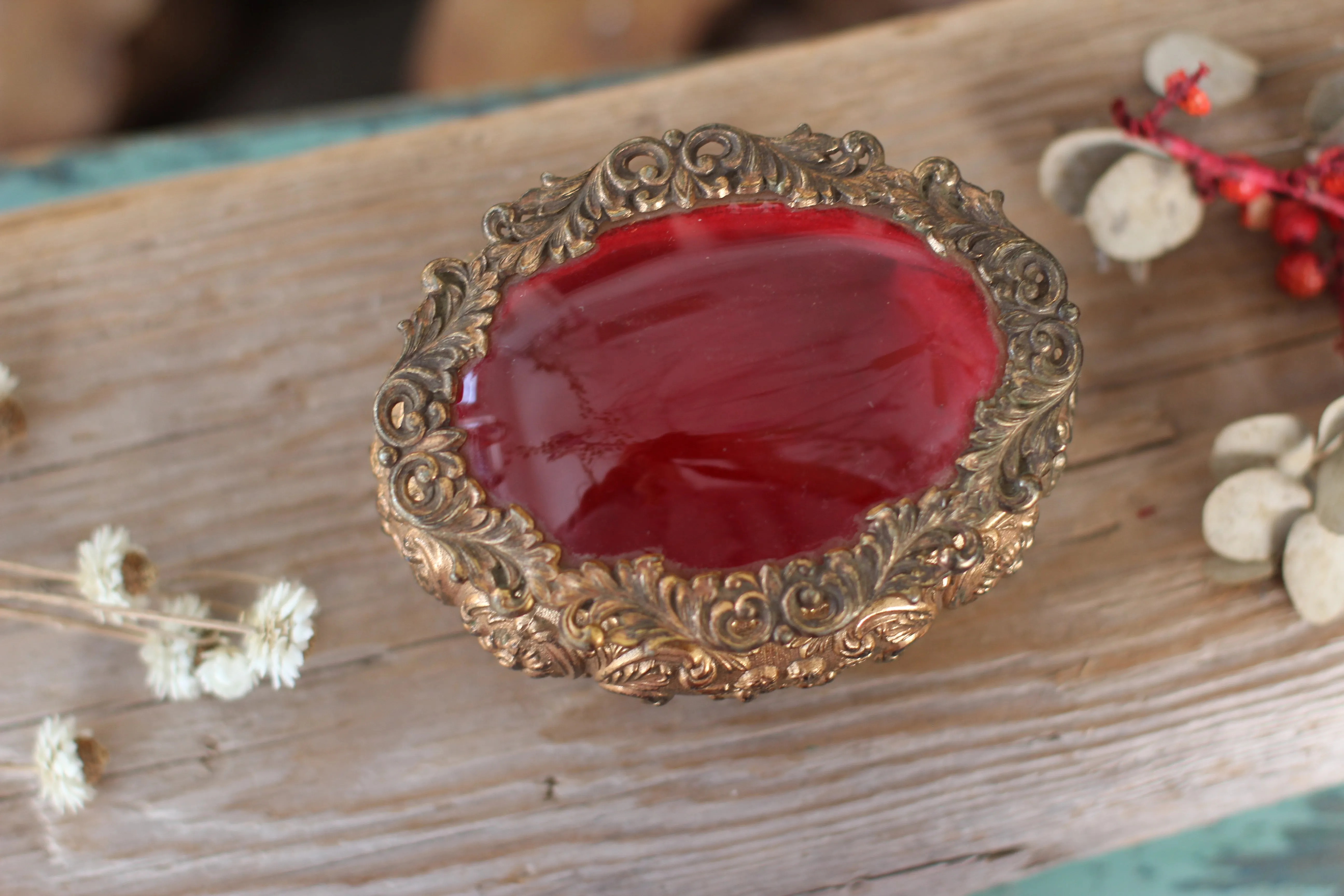 Antique Oval Bronze Glass Jewelry Box