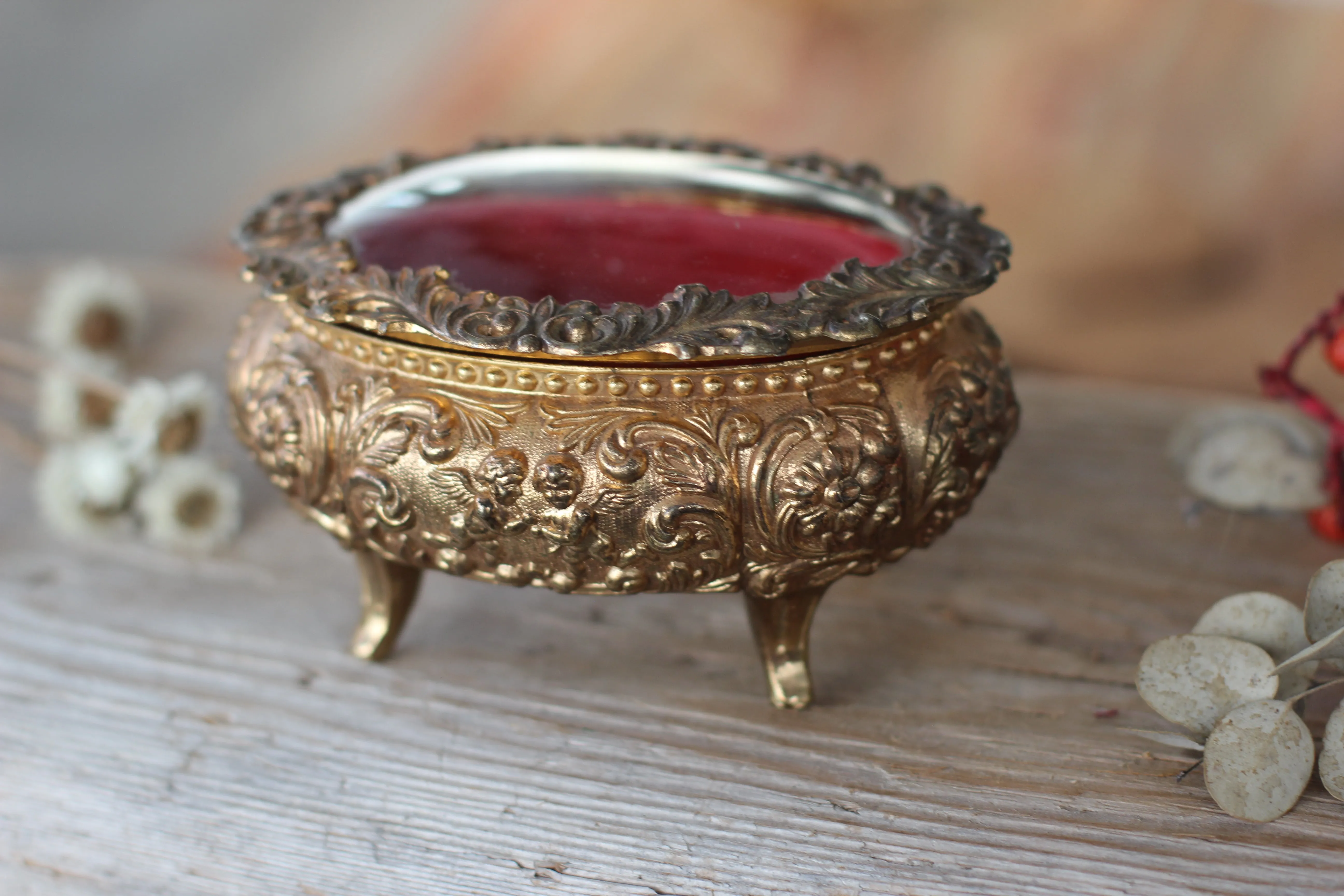 Antique Oval Bronze Glass Jewelry Box