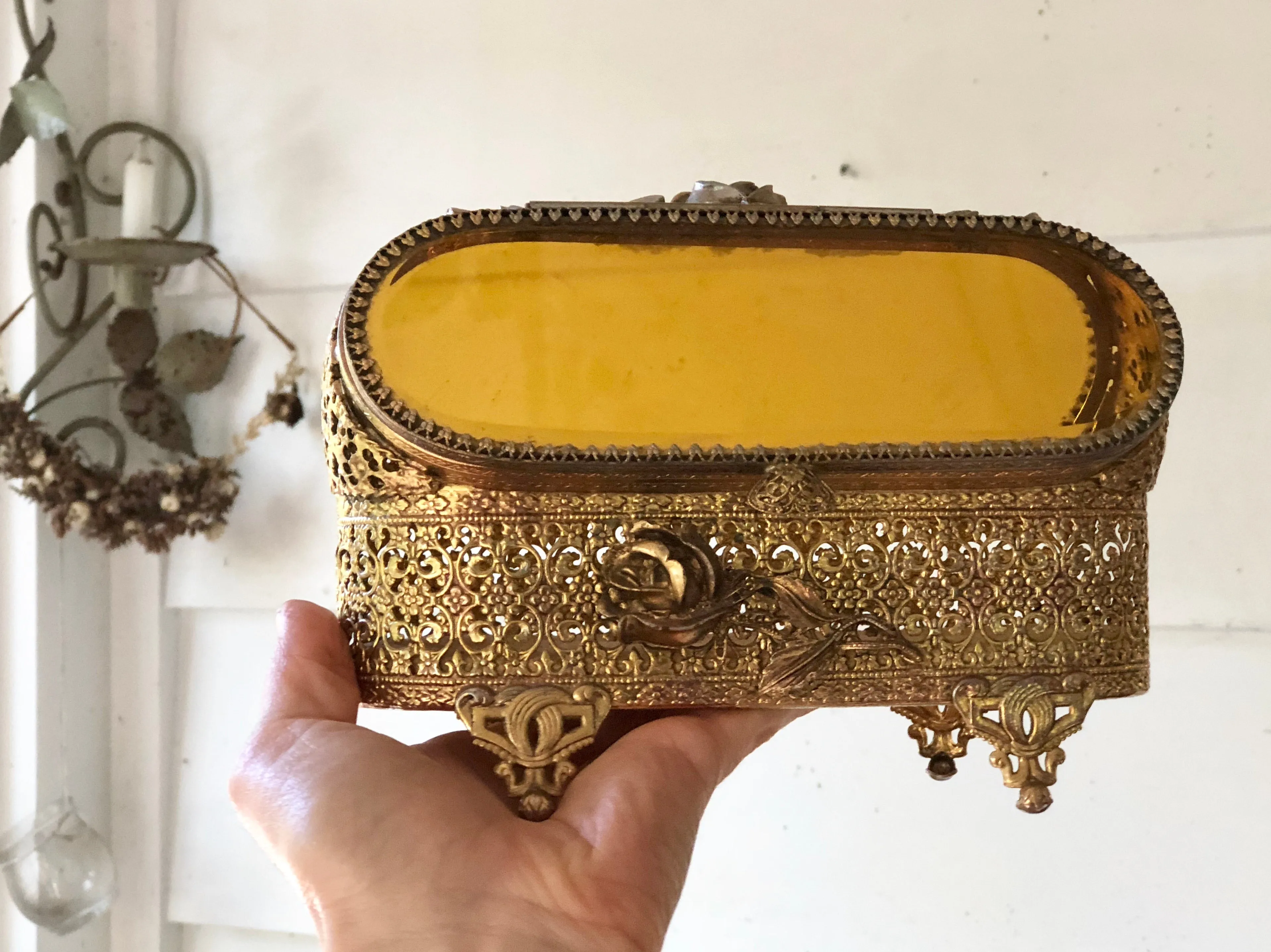 Antique Rare Amber Glass Jewelry Box