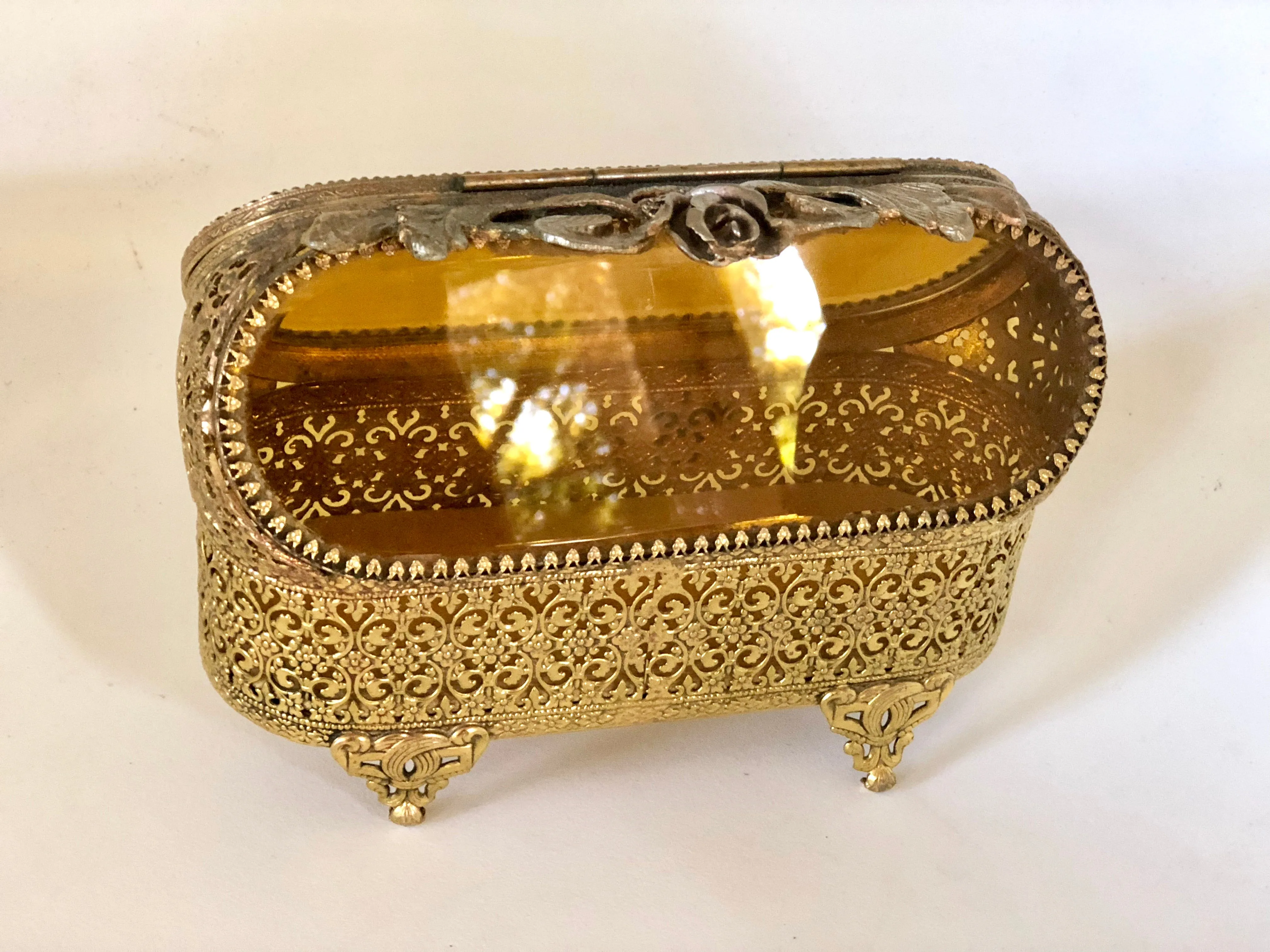 Antique Rare Amber Glass Jewelry Box