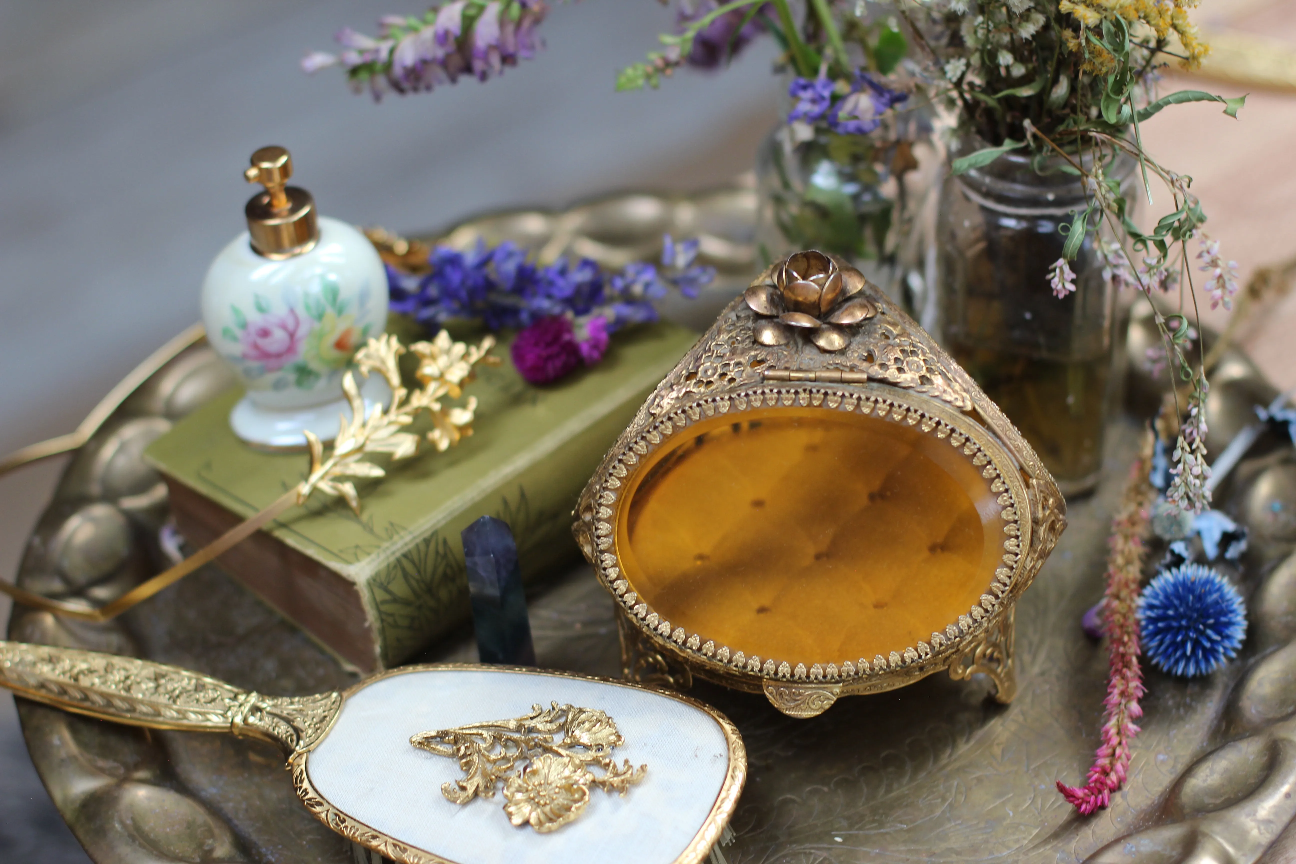 Antique Rare Floral French Victorian Amber Glass Jewelry Box