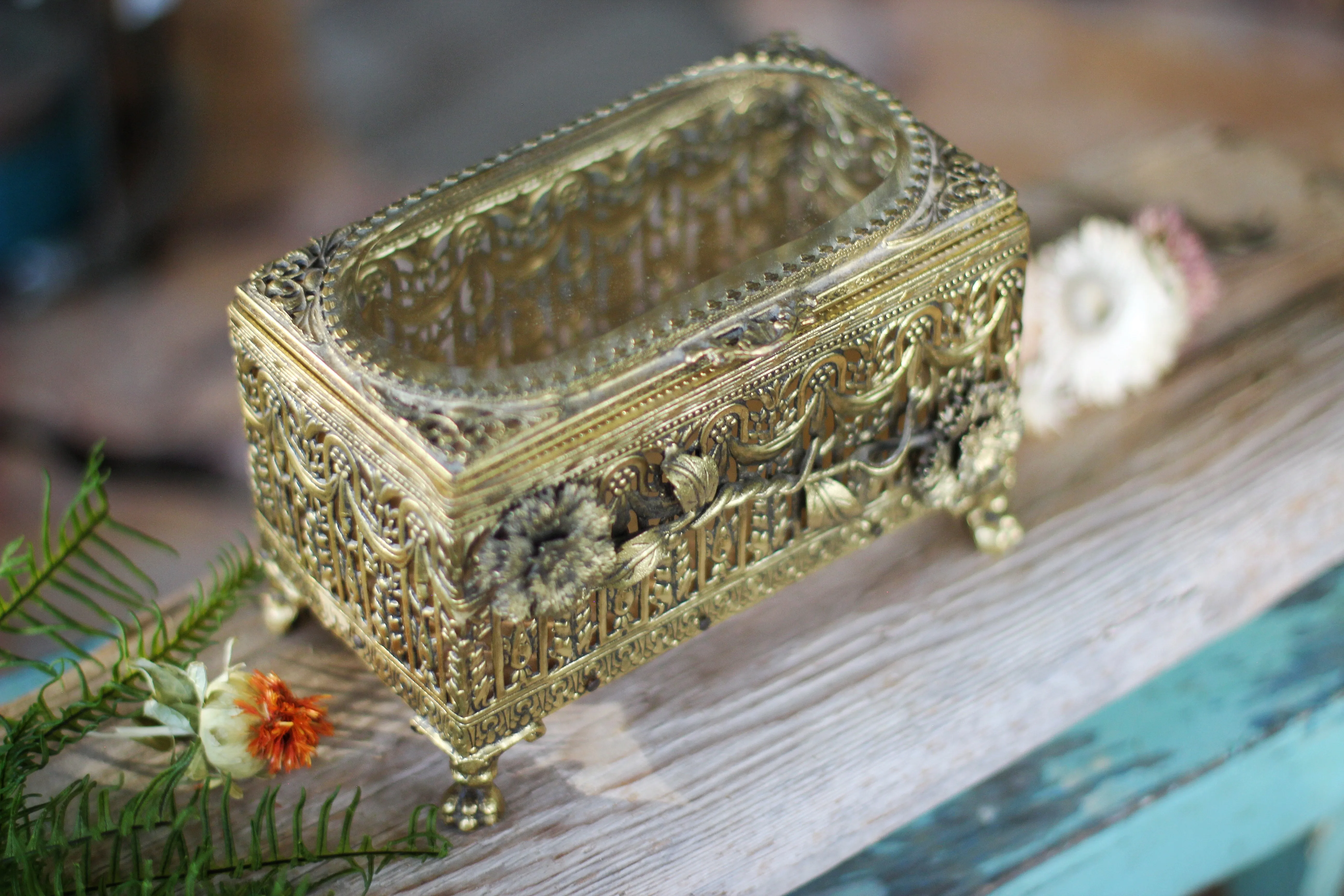 Antique Rare Floral Jewelry Box