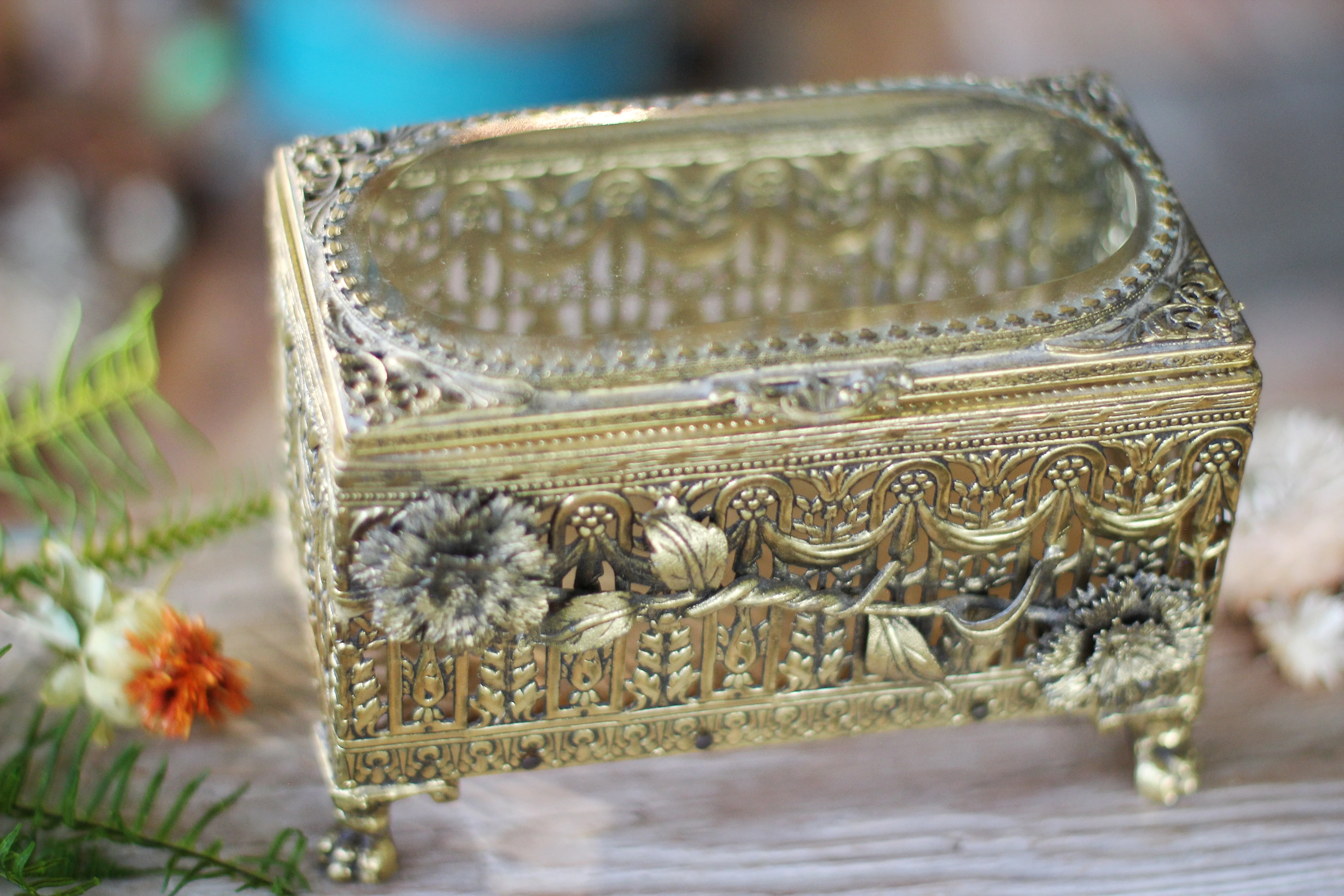 Antique Rare Floral Jewelry Box