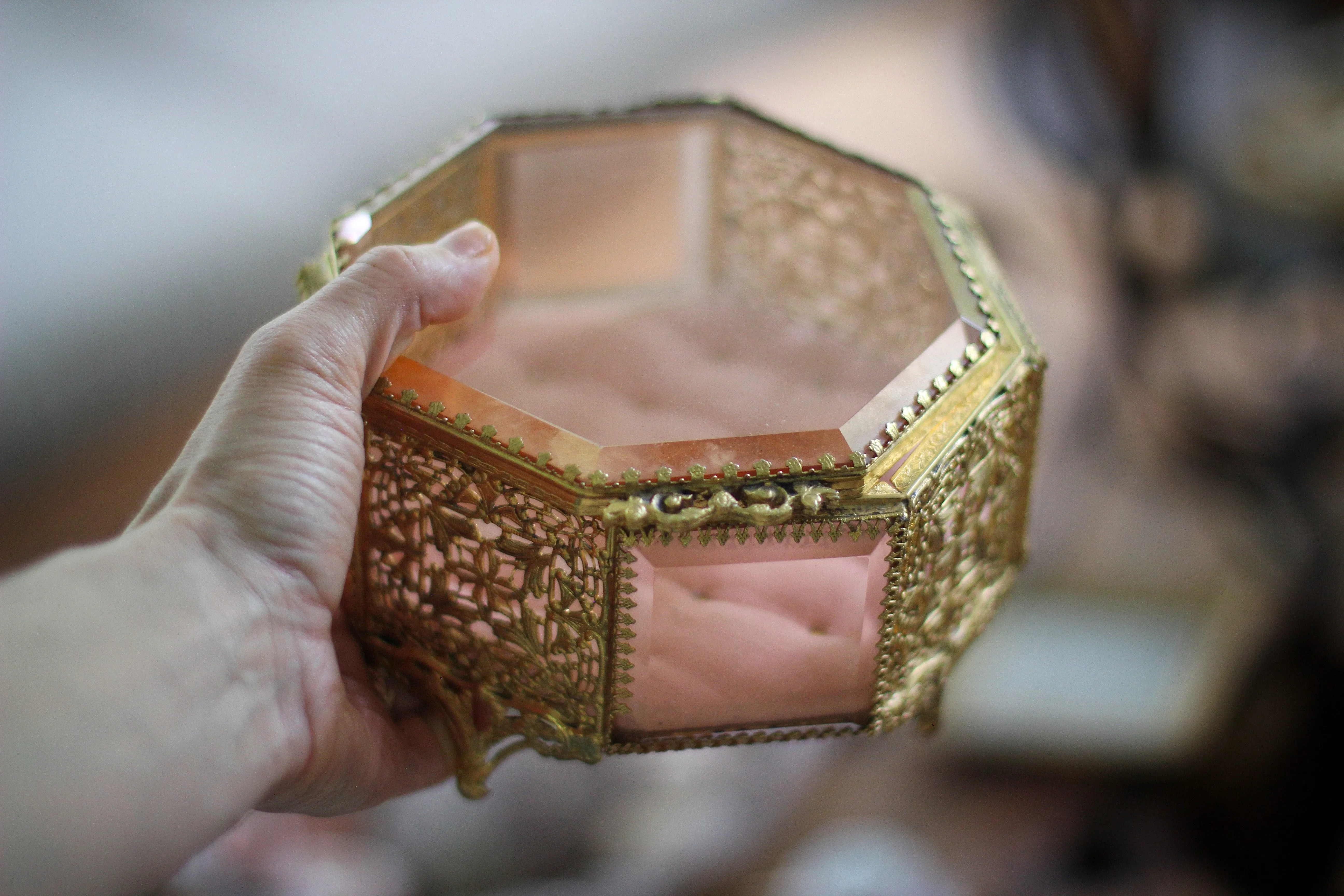 Antique Rare Pink Tufted Jewelry Box