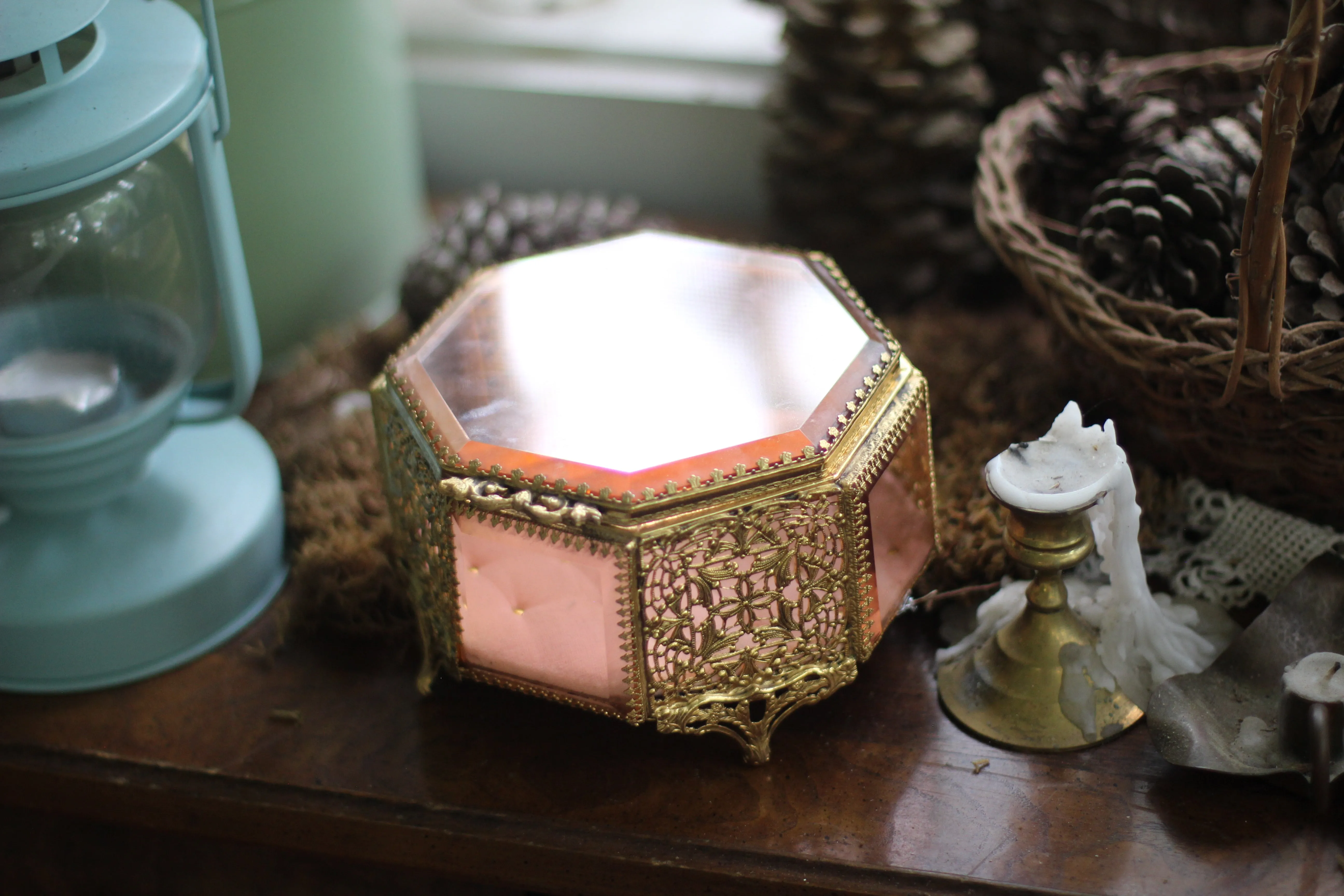 Antique Rare Pink Tufted Jewelry Box