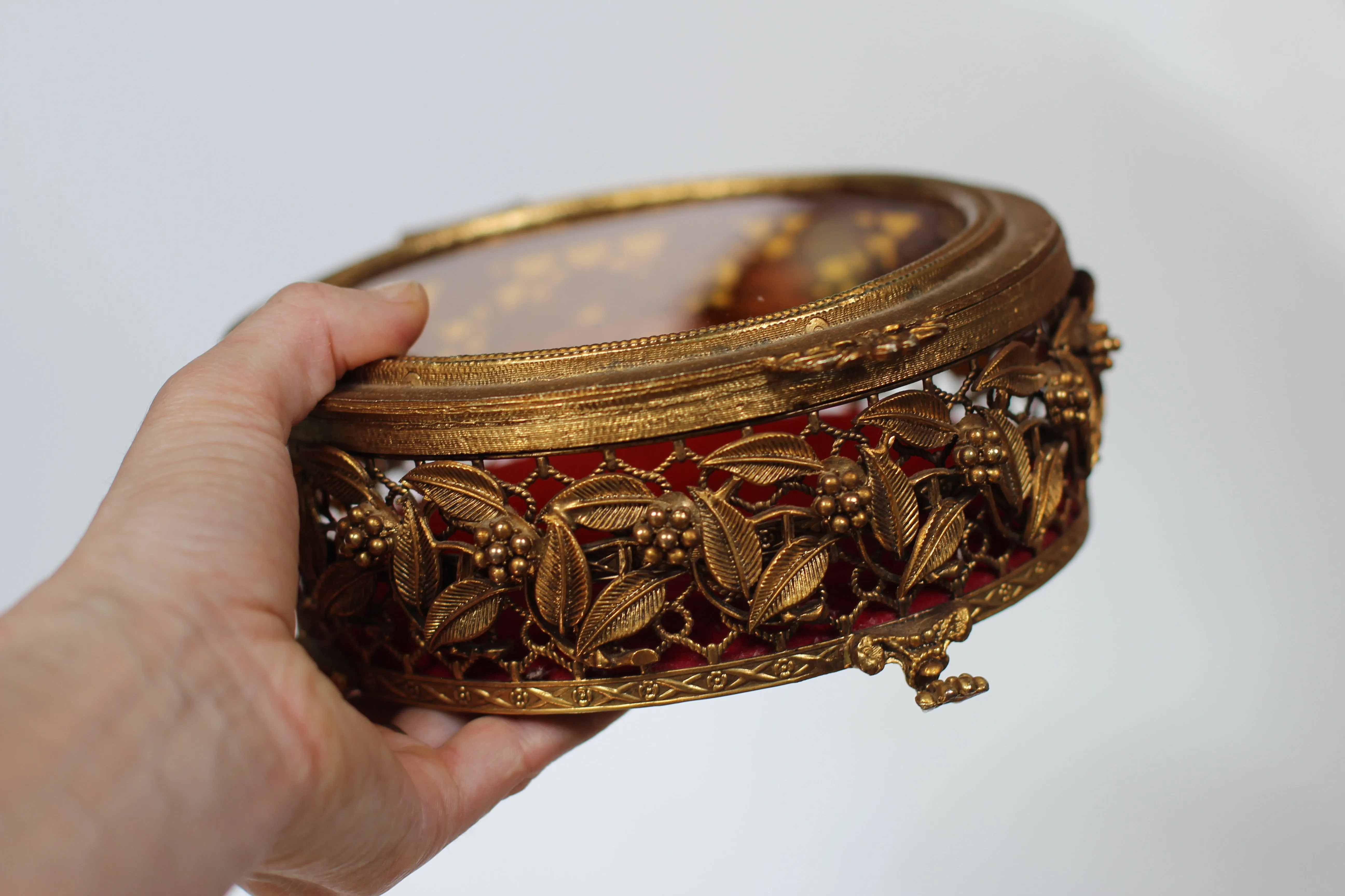 Antique Red Velvet Claw Feet Jewelry Box