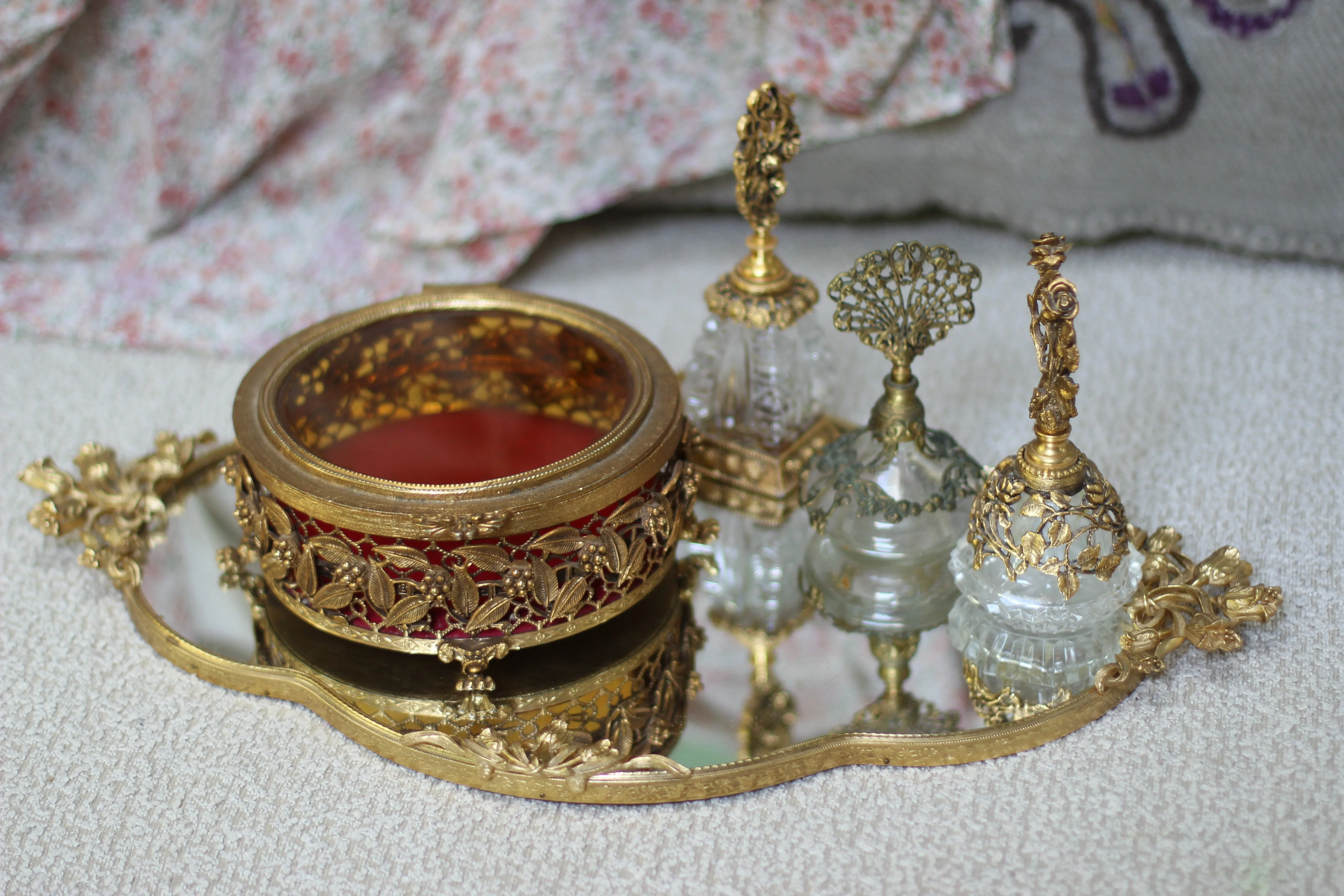 Antique Red Velvet Claw Feet Jewelry Box