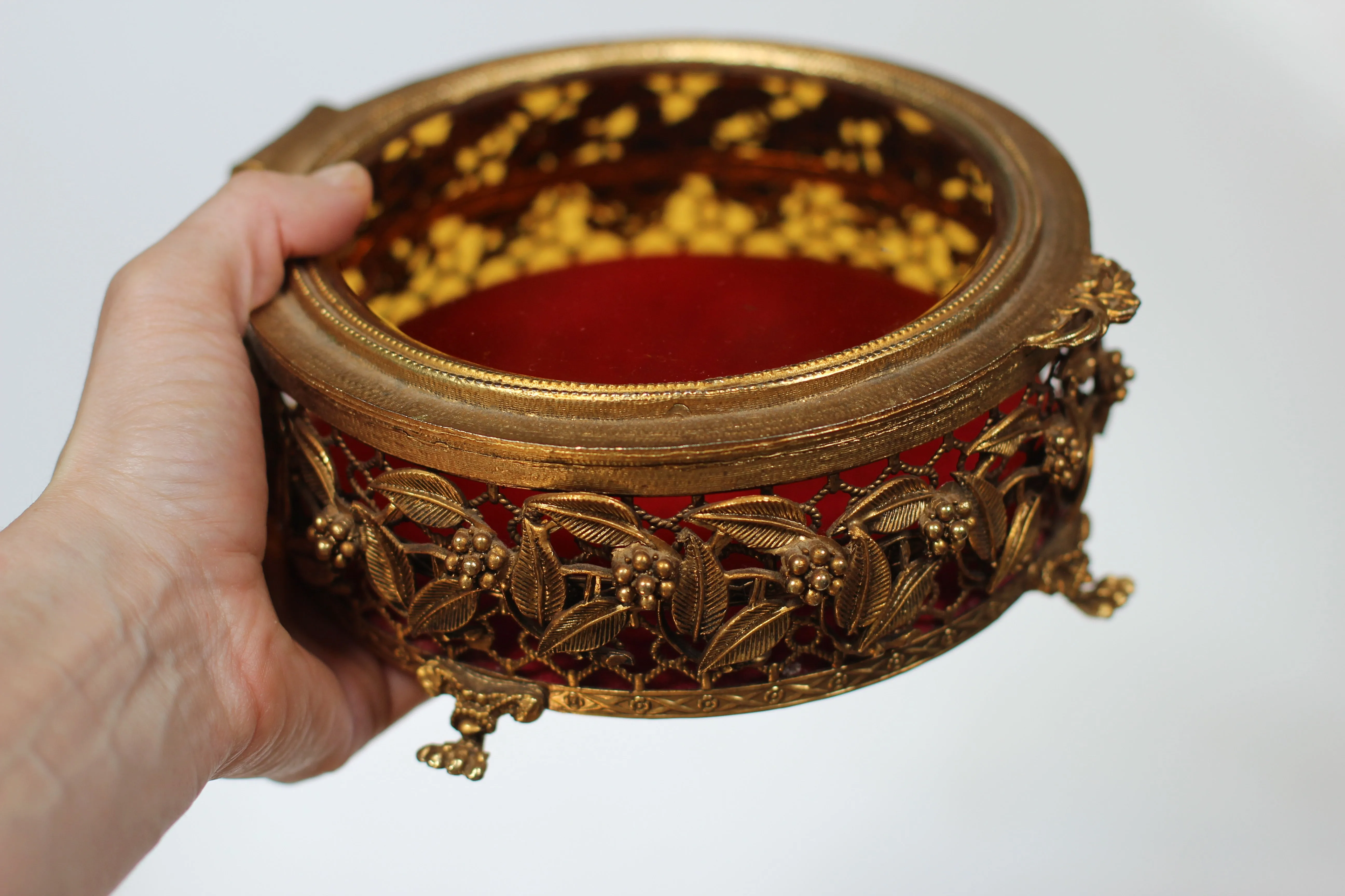 Antique Red Velvet Claw Feet Jewelry Box