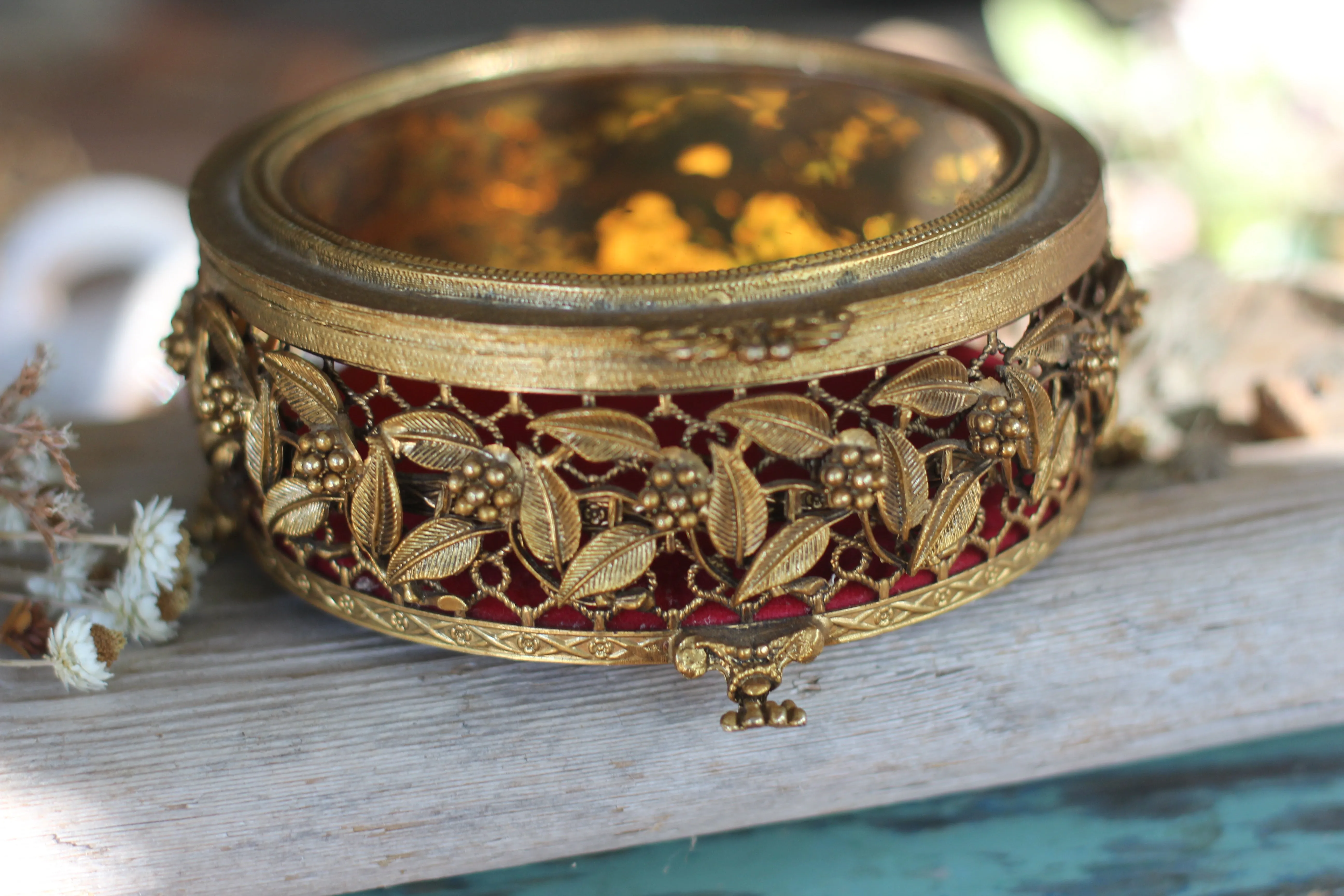 Antique Red Velvet Claw Feet Jewelry Box