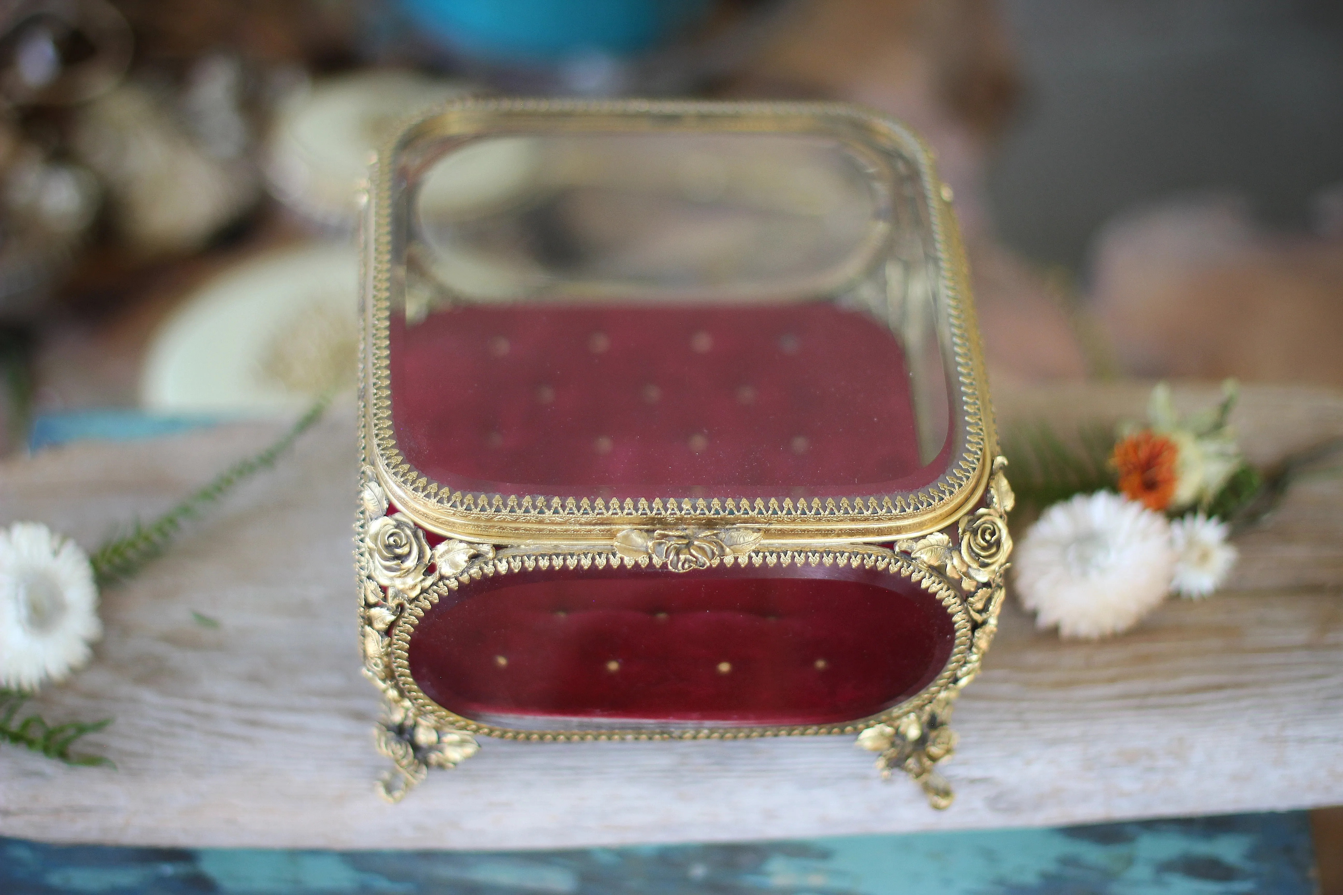 Antique Roses Tufted Burgundy Jewelry Box