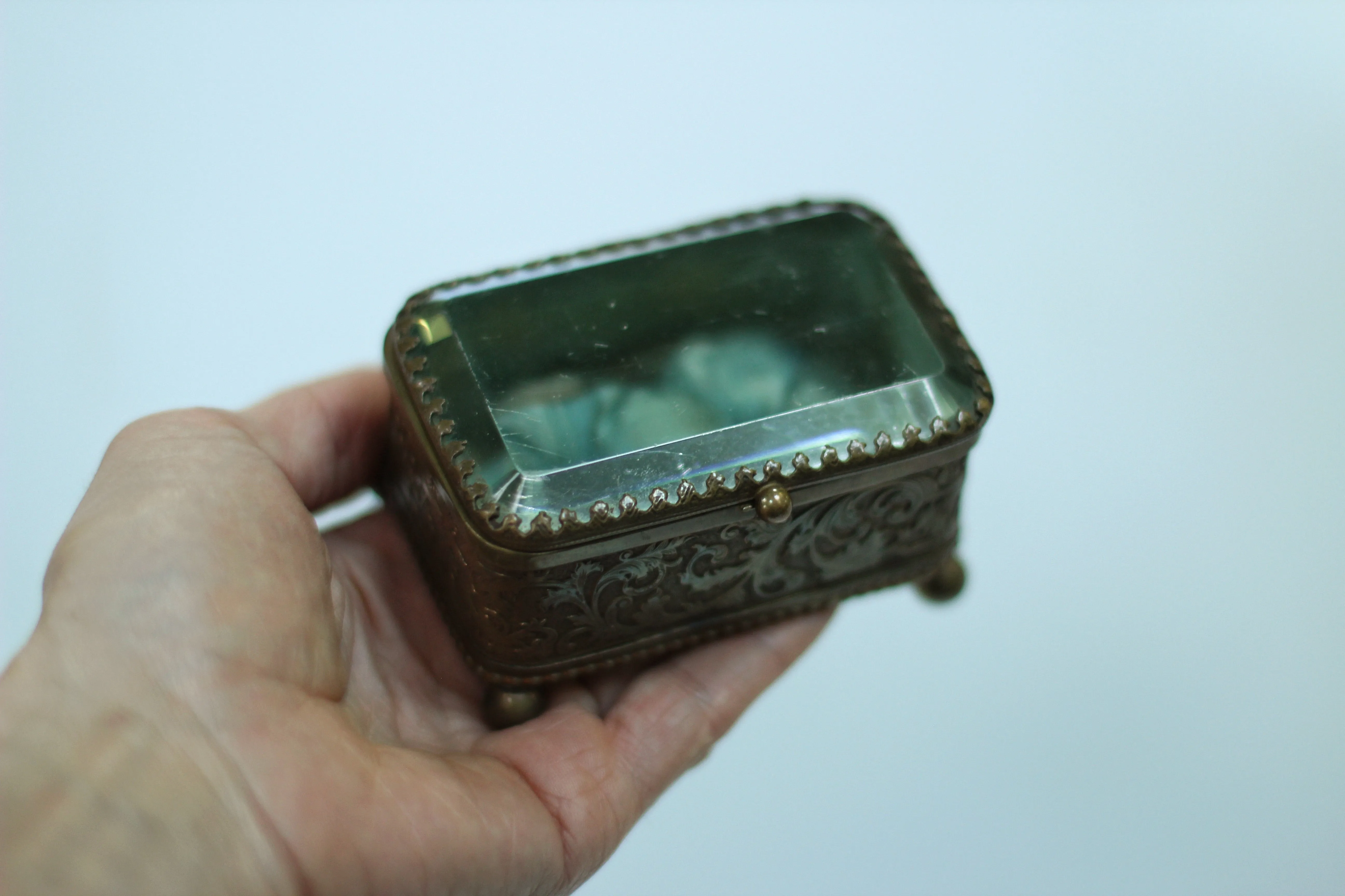 Antique Small blue tuft Jewelry Box