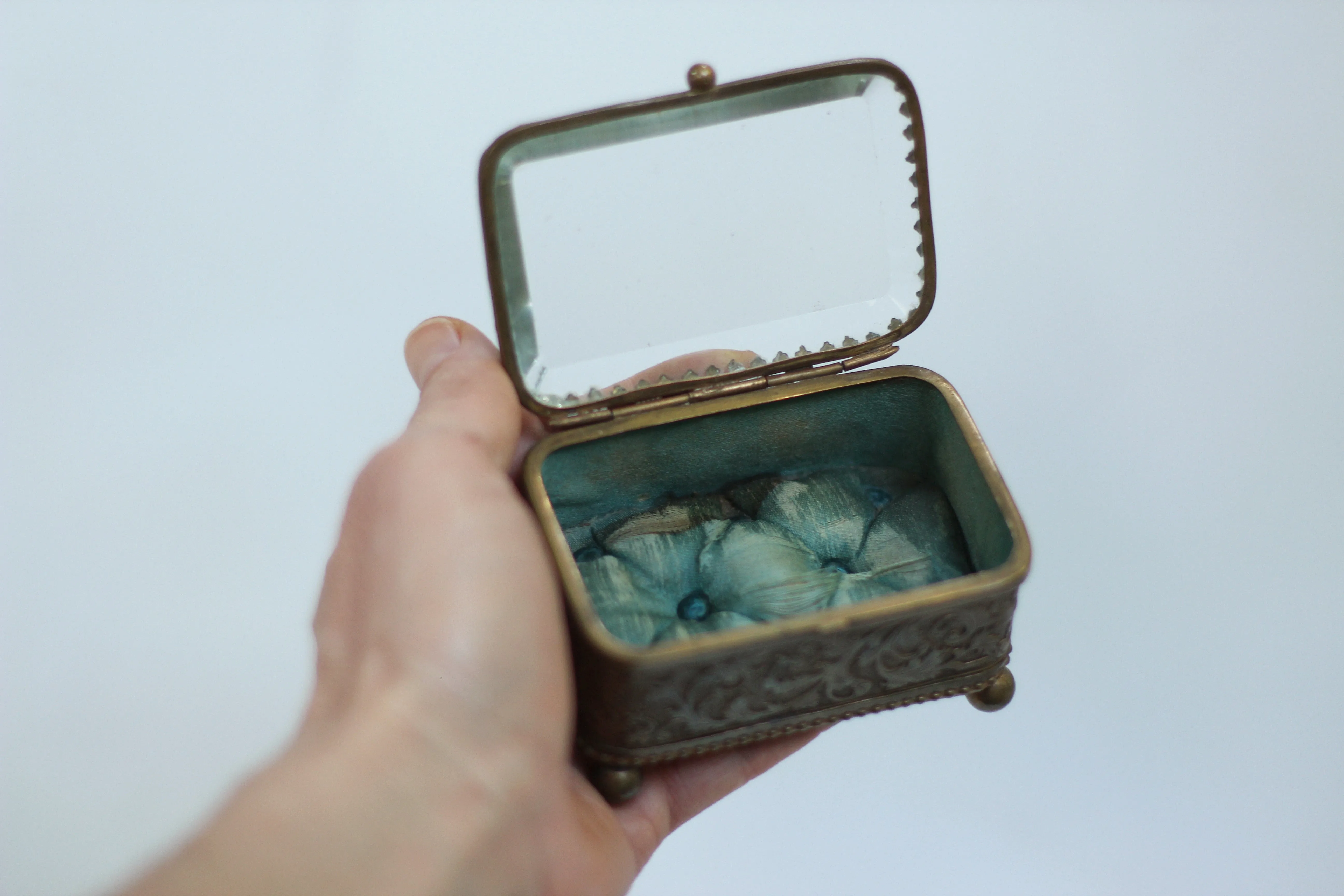 Antique Small blue tuft Jewelry Box